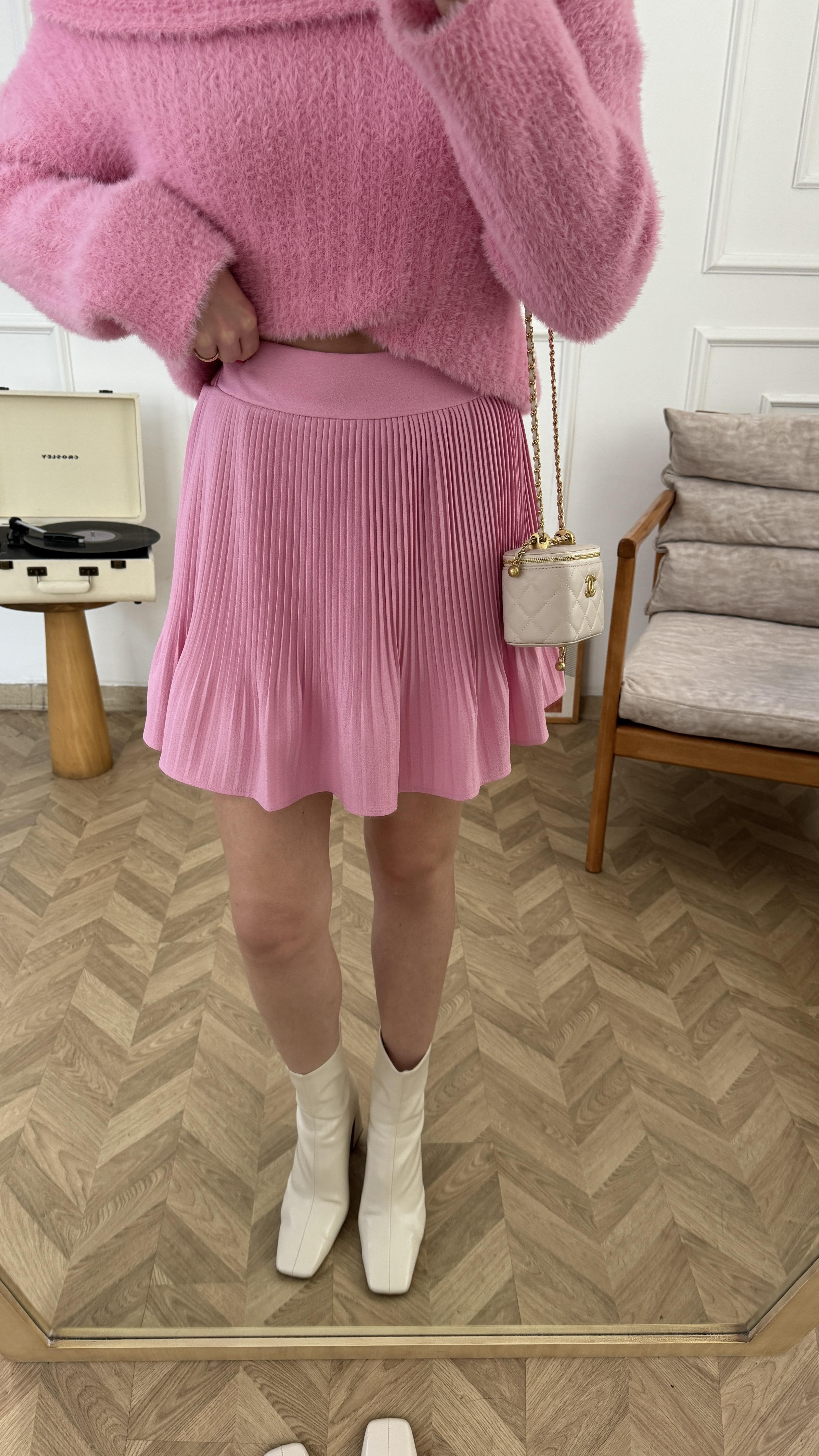 Pembe İnce Pileli Etek