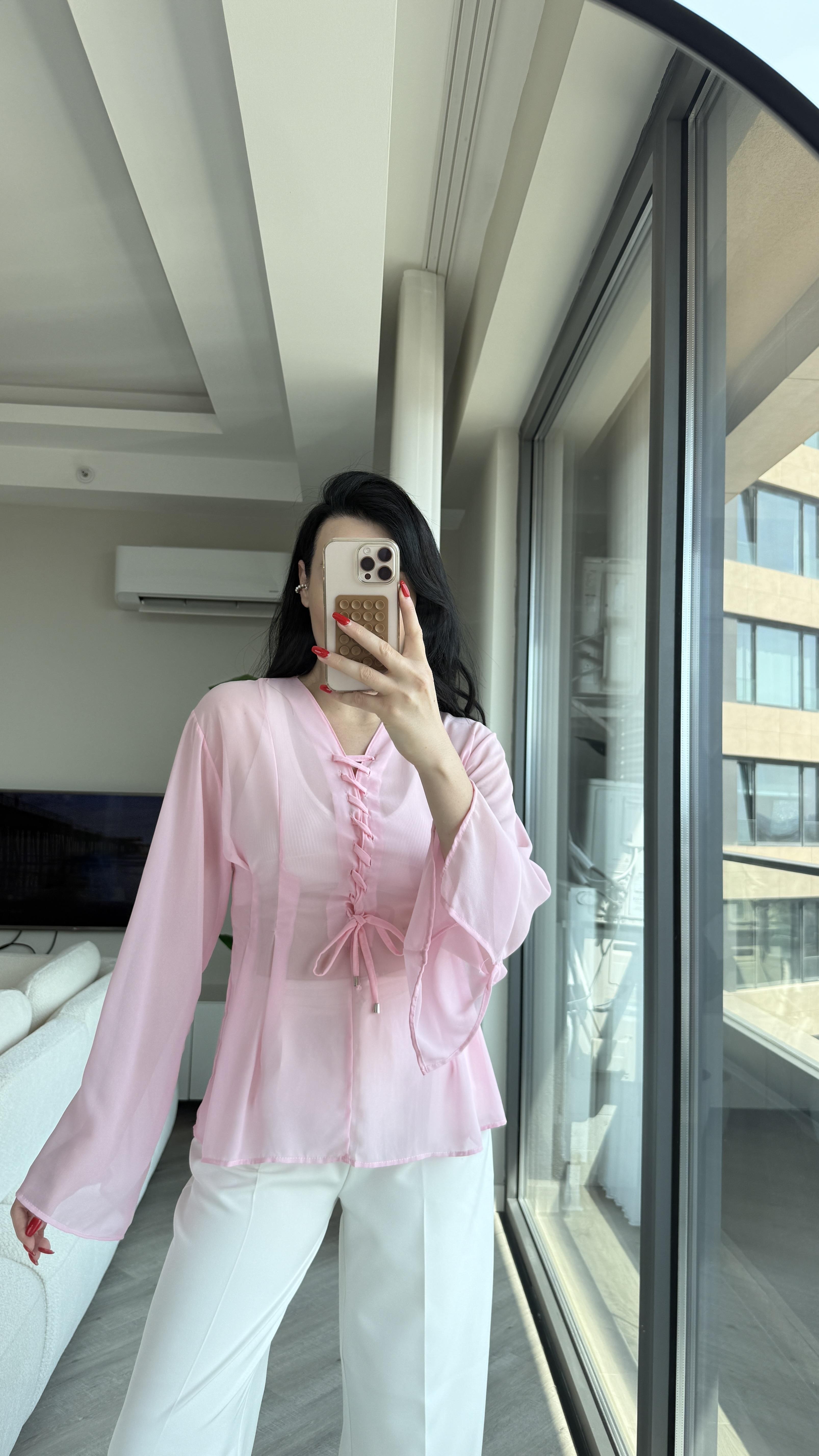 Pembe İspanyol Kol Şifon Bluz