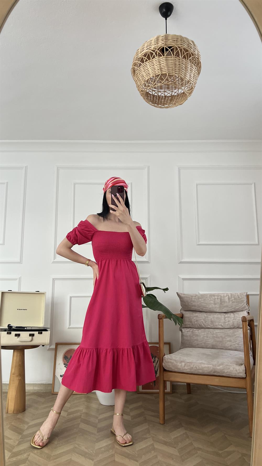 Pembe Karpuz Kol Poplin Elbise