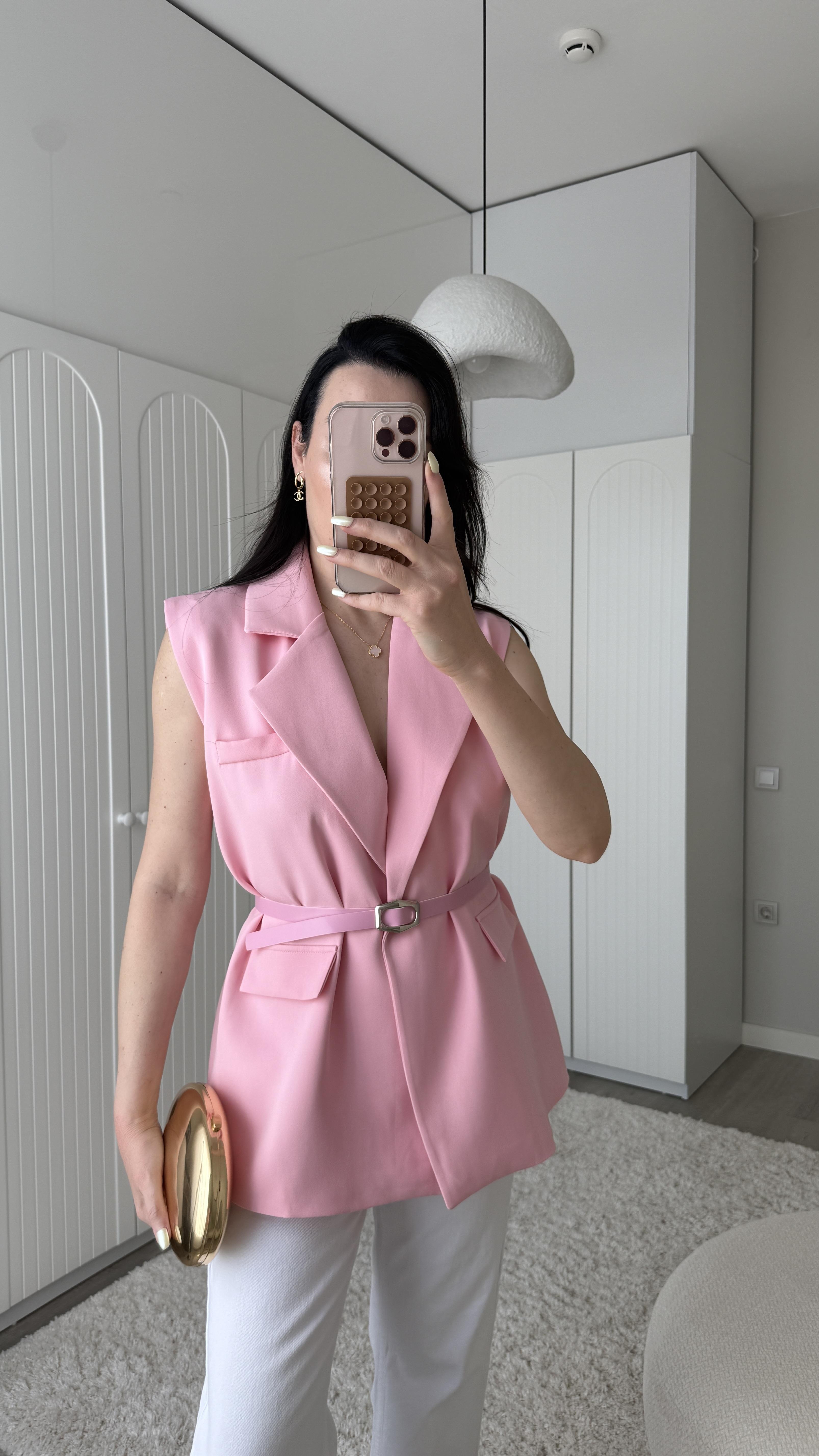 Pembe Kemer Detaylı Yelek