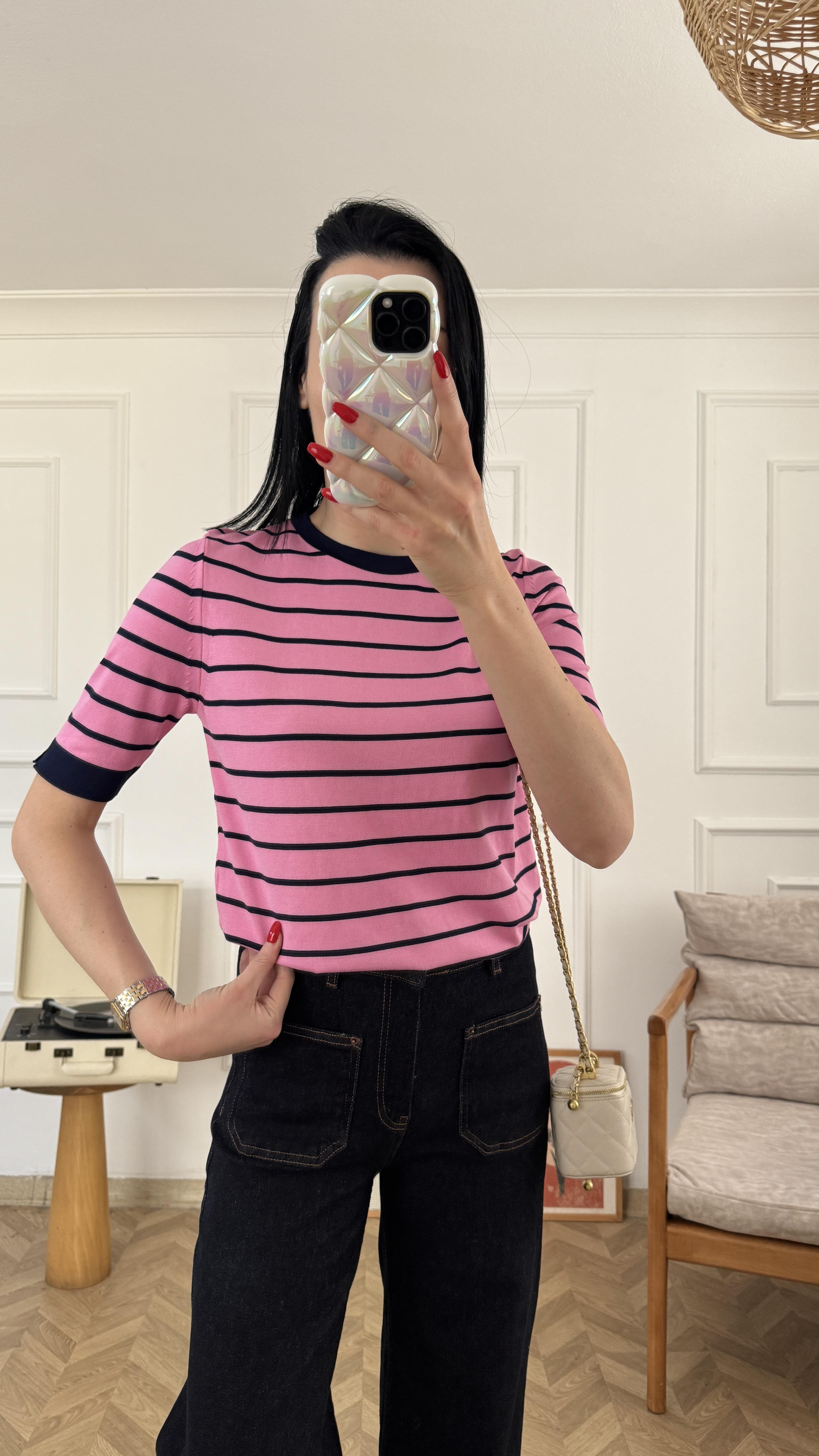 Pembe Lacivert Çizgili Likralı Triko Tshirt