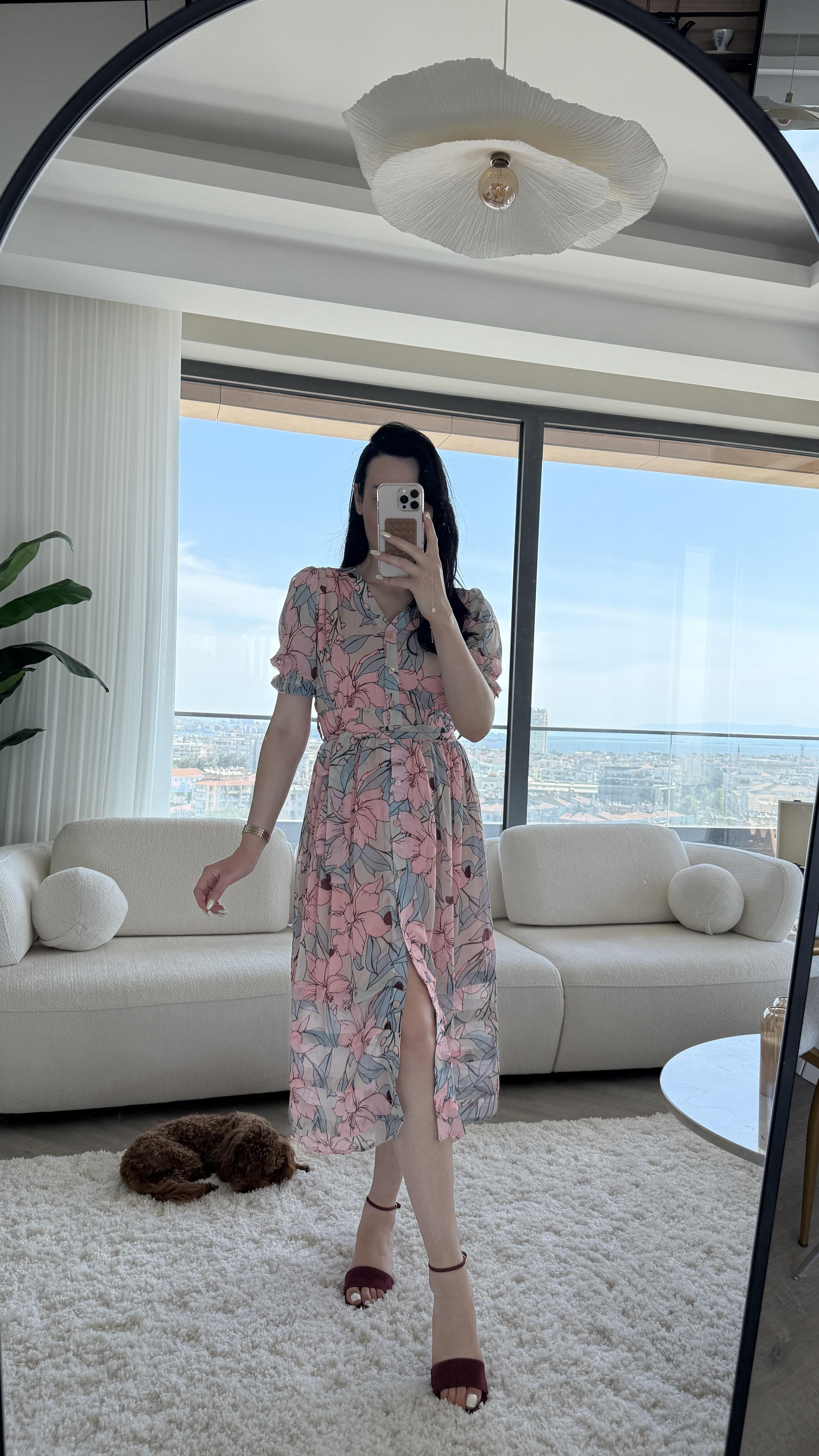Pembe Mavi Çiçek Desen Önden Düğmeli Elbise