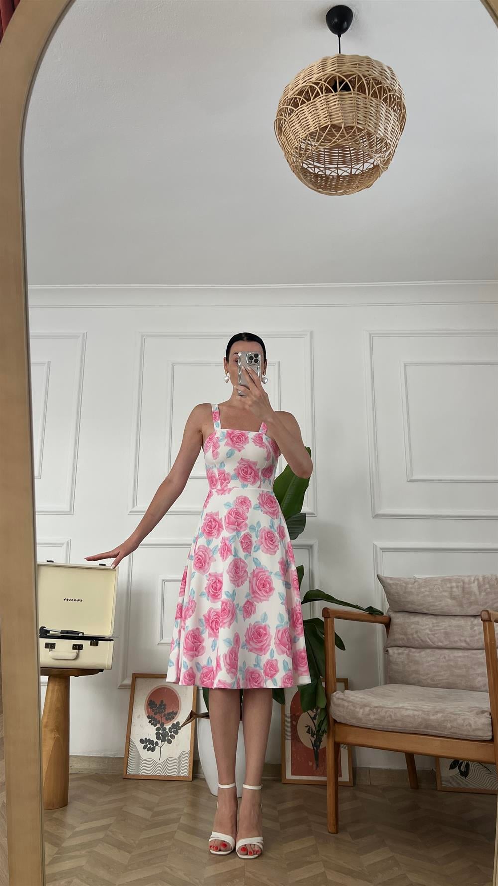 Pembe Mavi Desenli Kalın Askılı Elbise