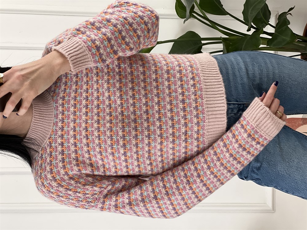 Pembe Mavi Minik Desen Triko Kazak