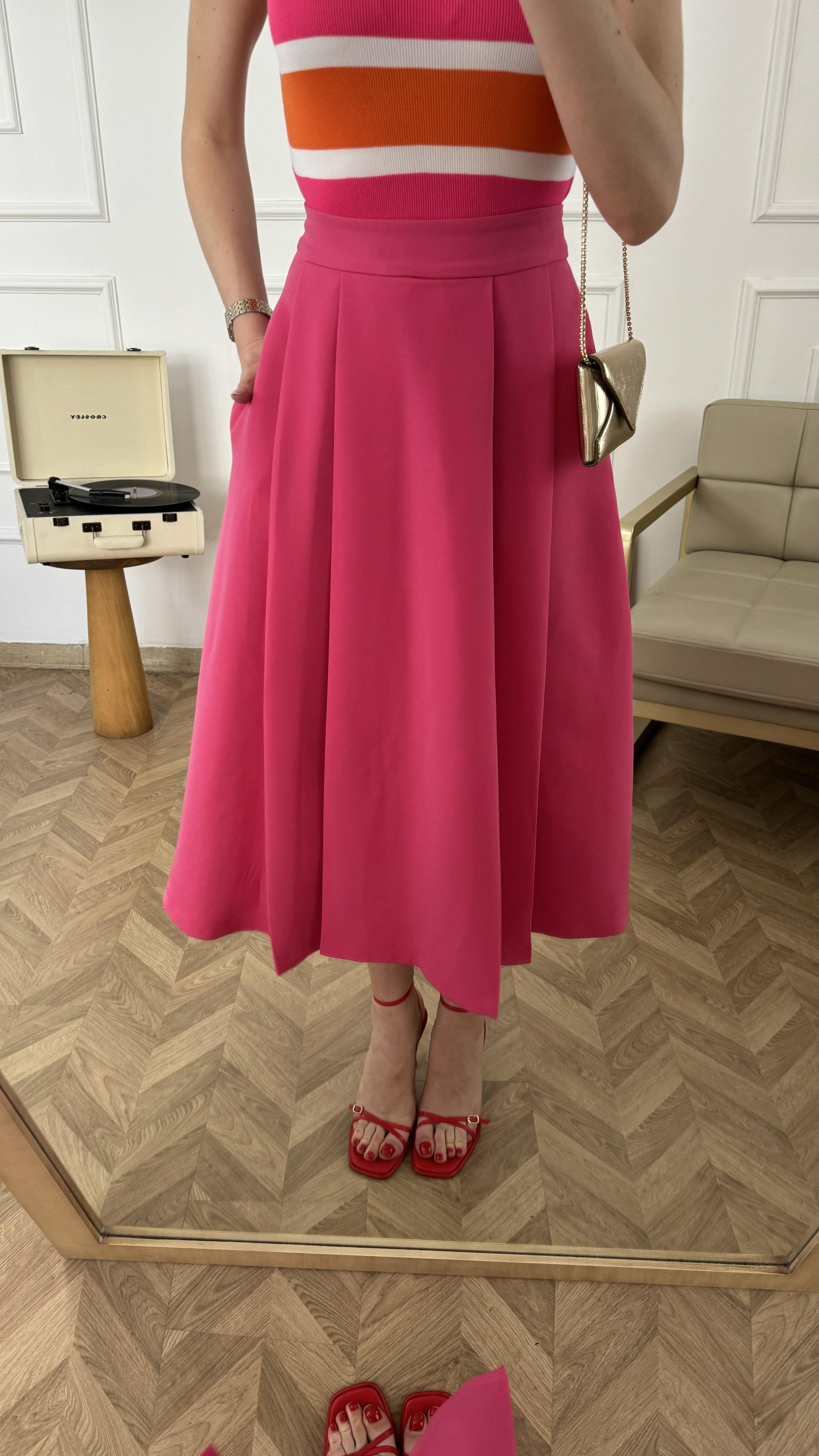 Pembe Midi Boy Kloş Etek
