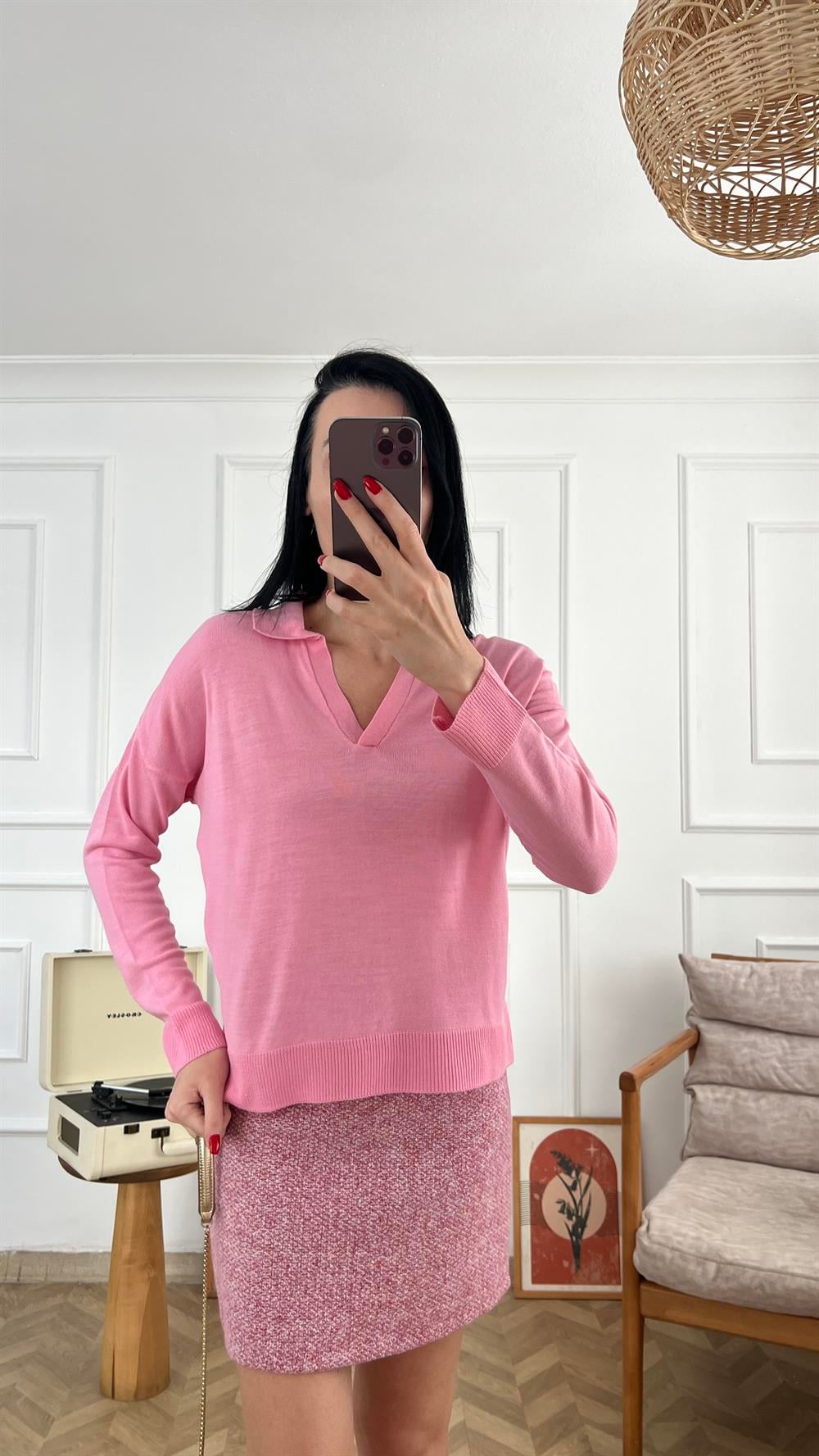 Pembe Polo Yaka Mevsimlik Triko