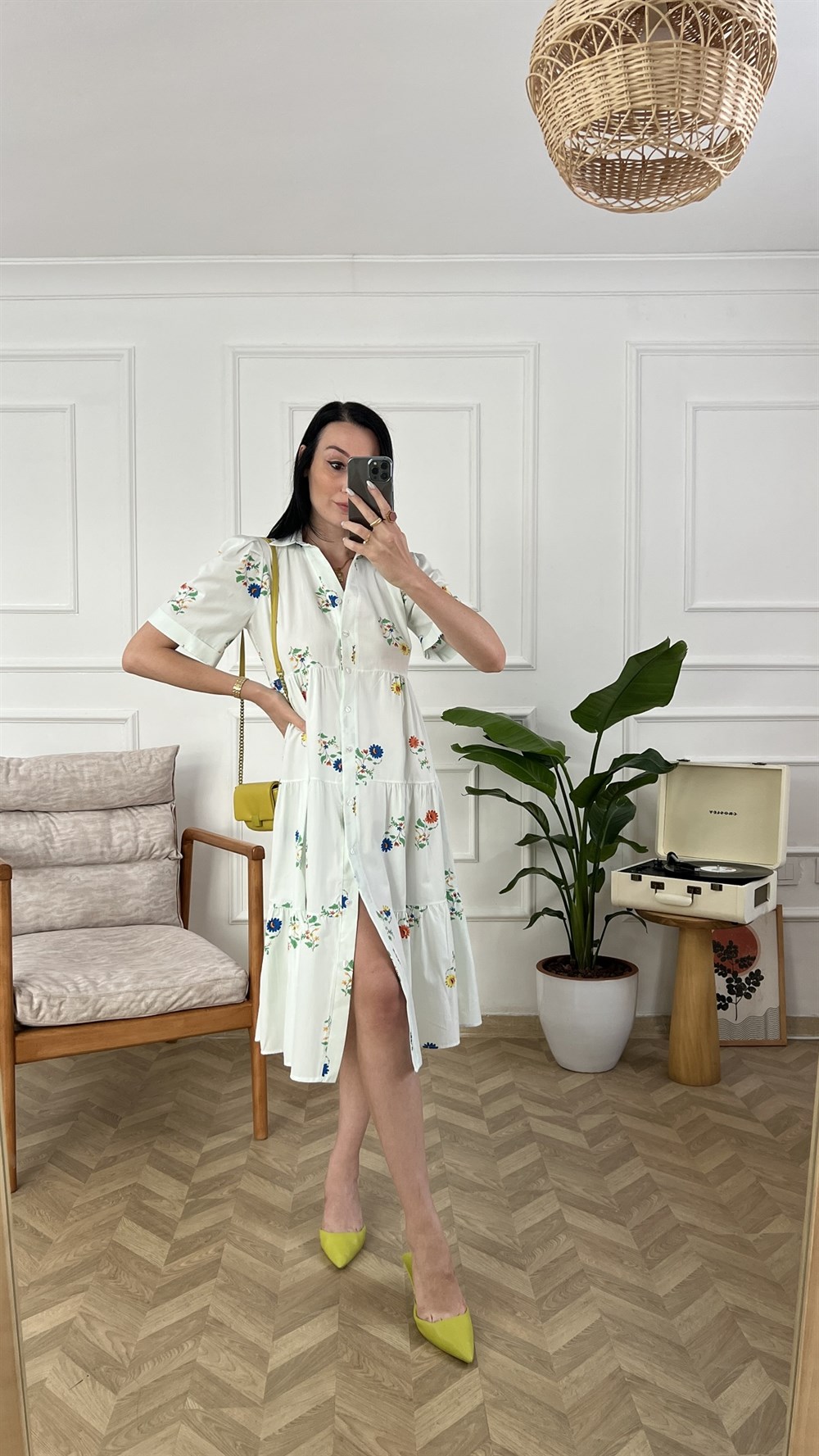 Renkli Minik Çiçek Desen Poplin Elbise