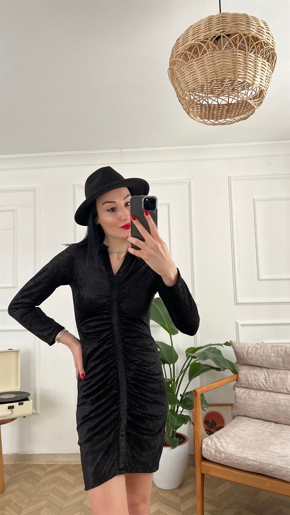 Siyah Antrasit Ön Kısmı Drape Detaylı Elbise
