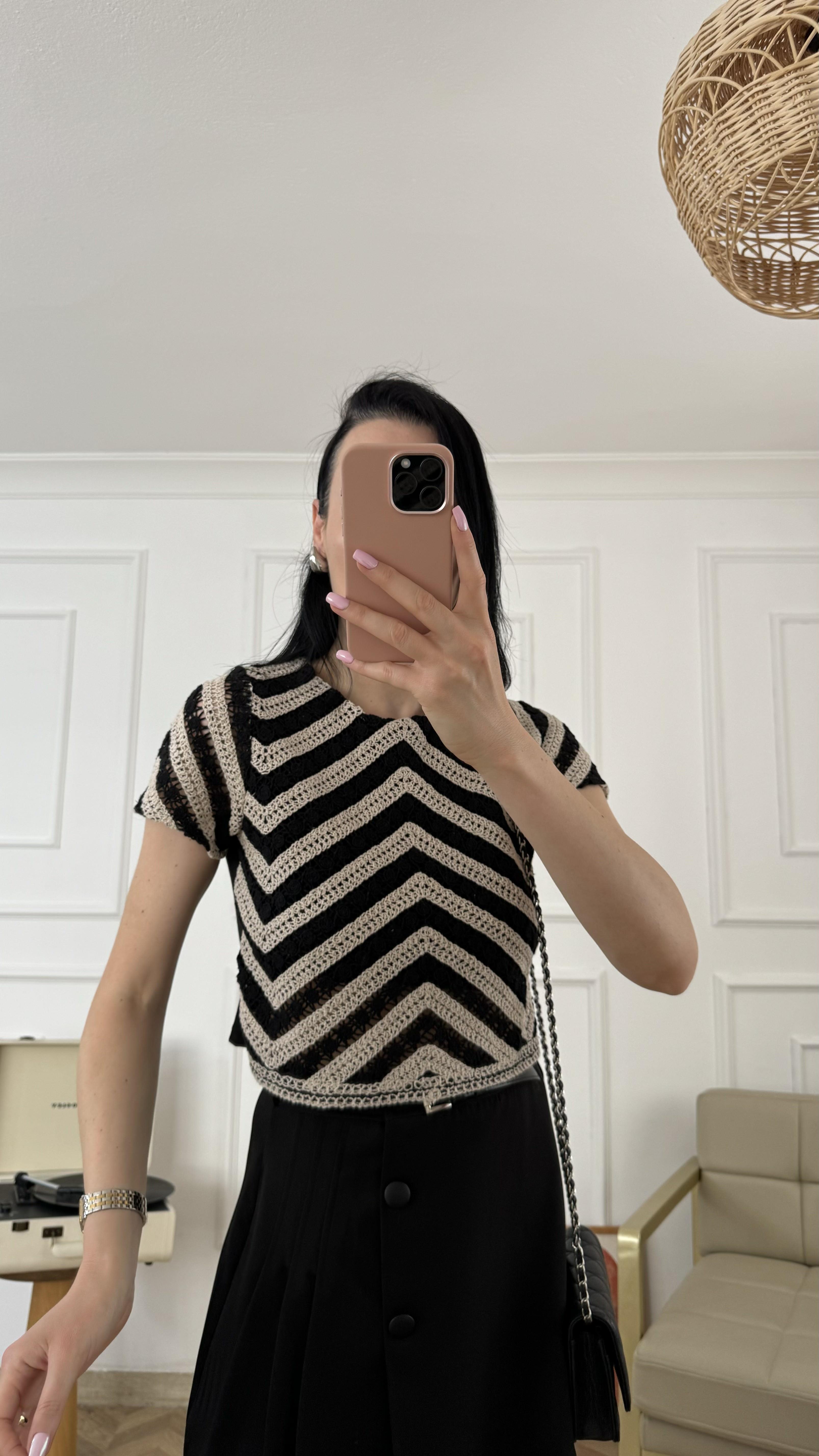 Siyah Bej Desenli Bluz