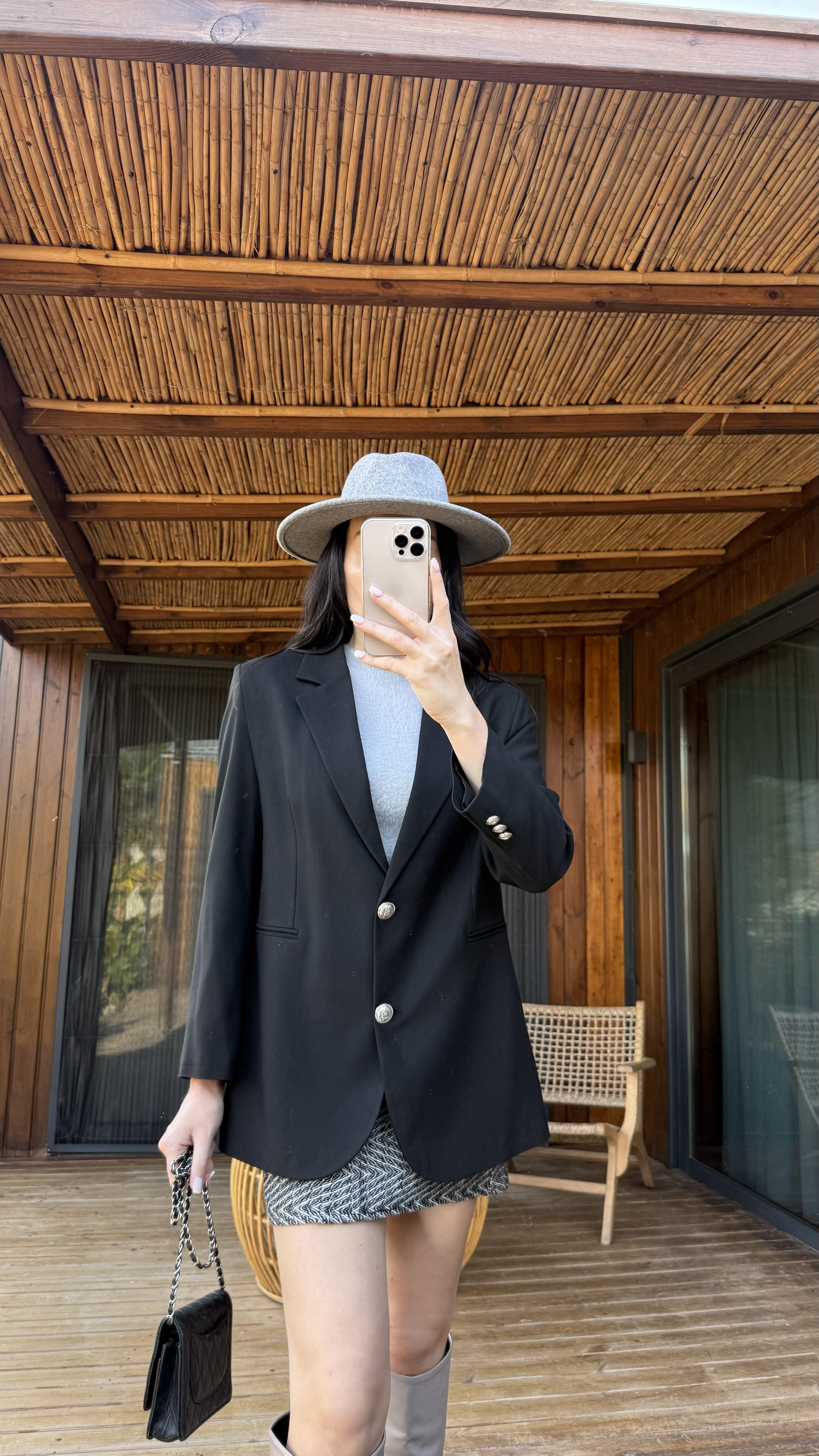 Siyah Çift Düğmeli Astarlı Blazer Ceket