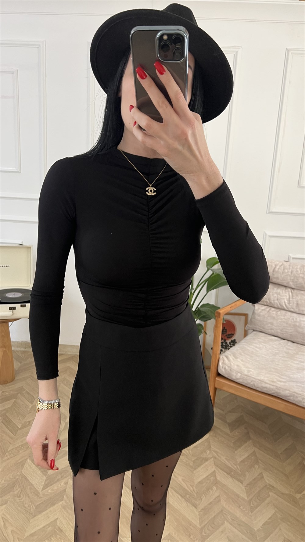 Siyah Drape Detaylı Body Suit