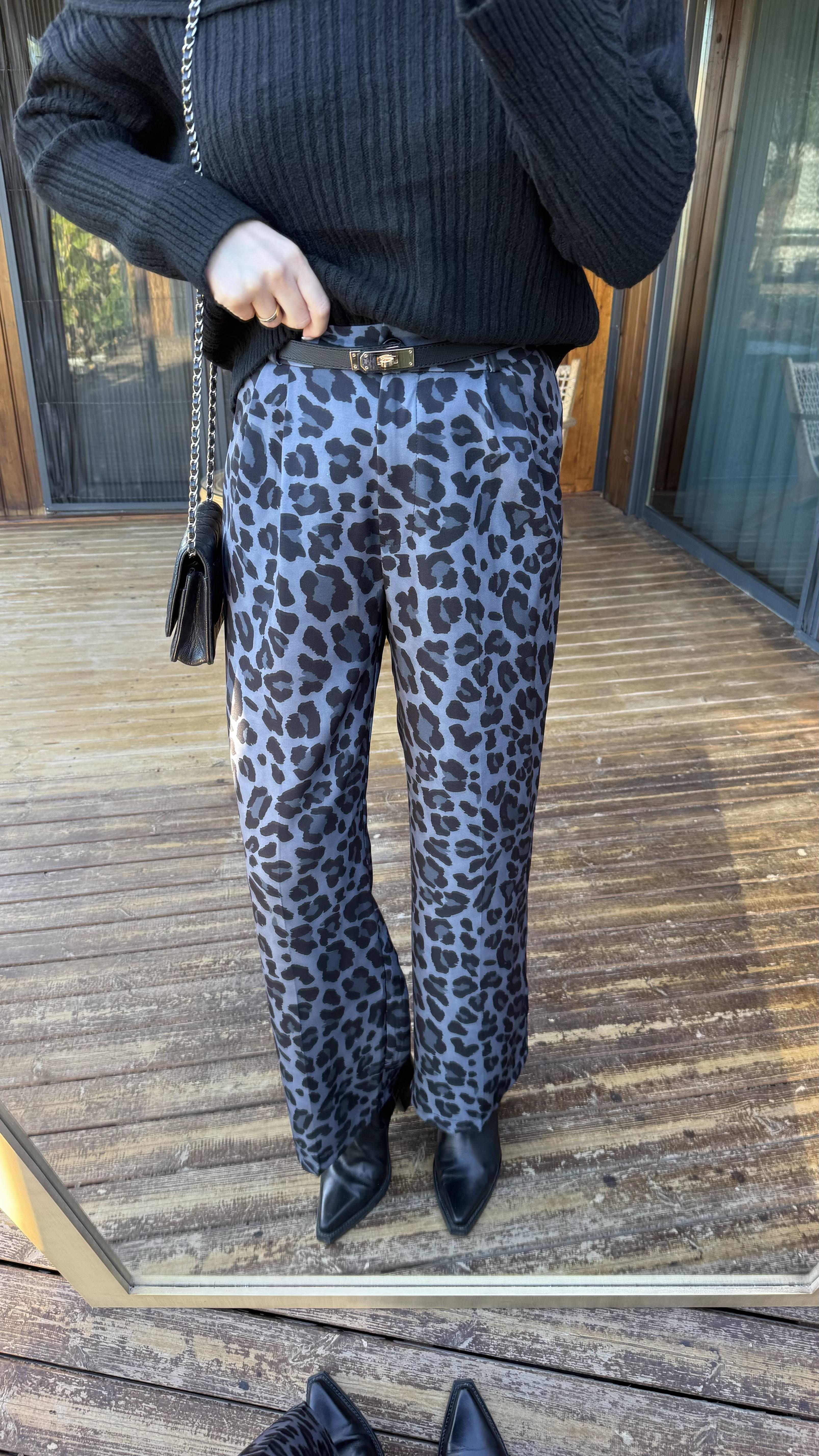 Siyah Gri Leopar Desen Palazzo Pantalon