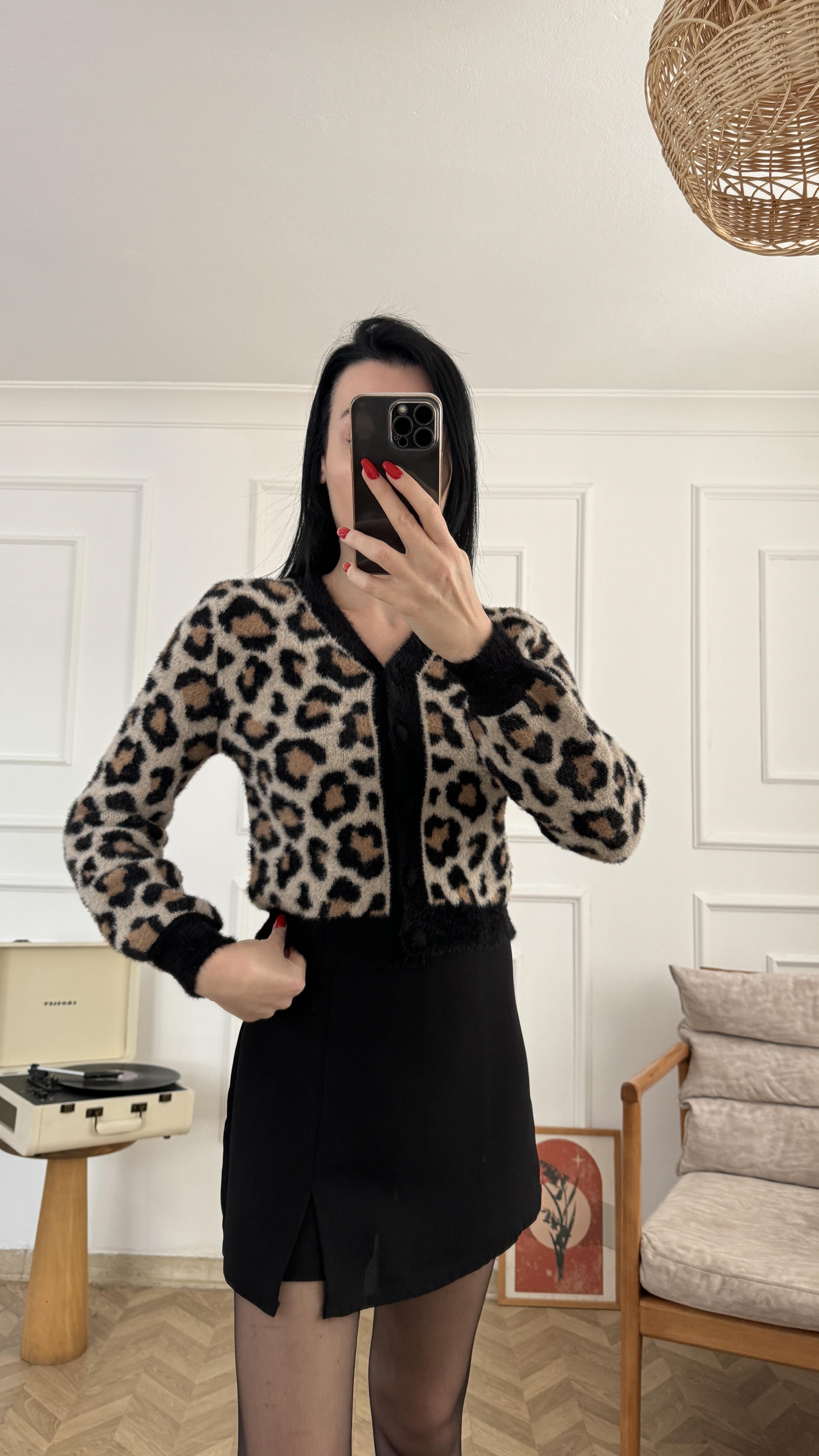 Siyah Kahve Leopar Desen Hırka
