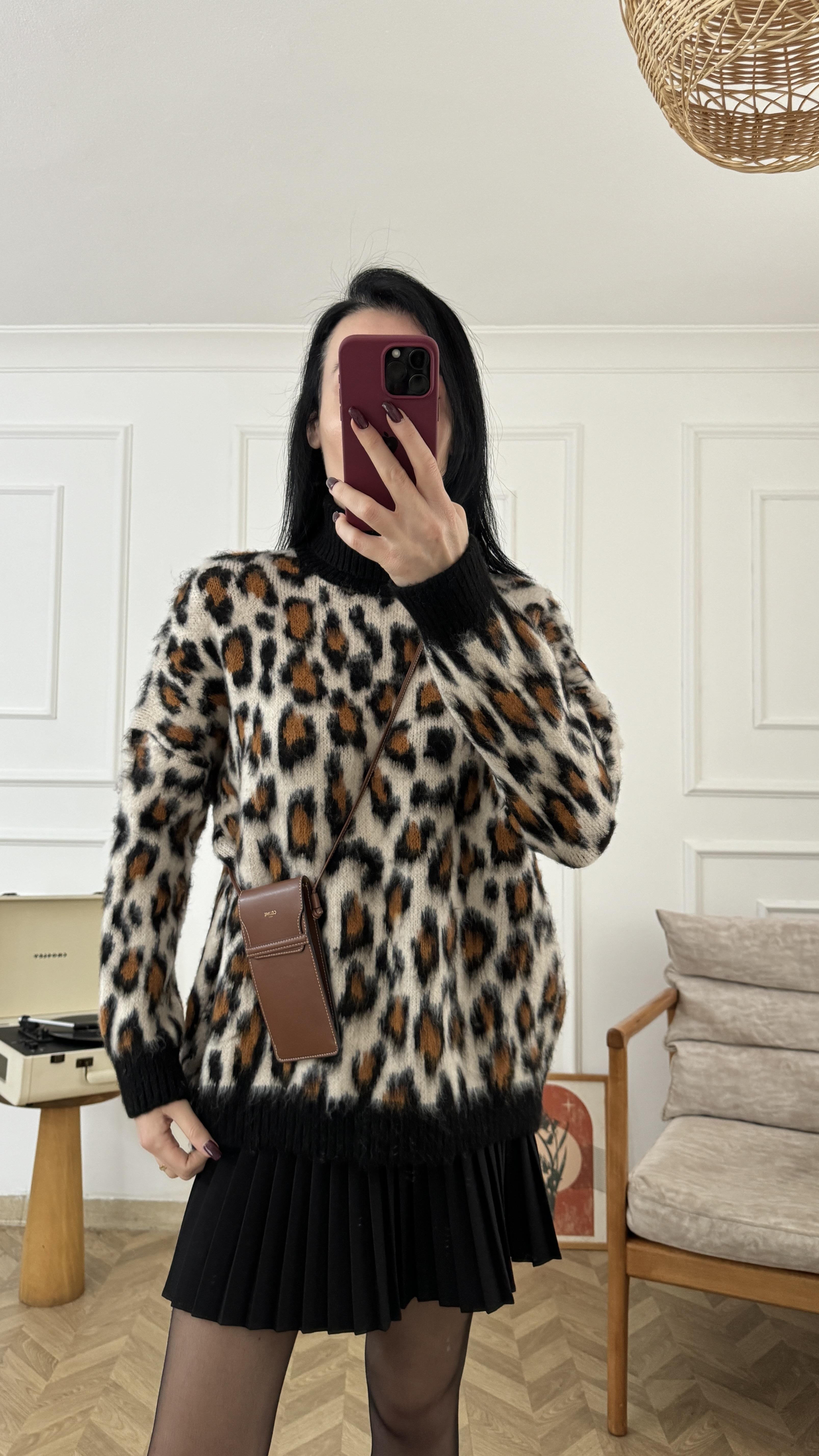 Siyah Kahve Leopar Desen Kazak
