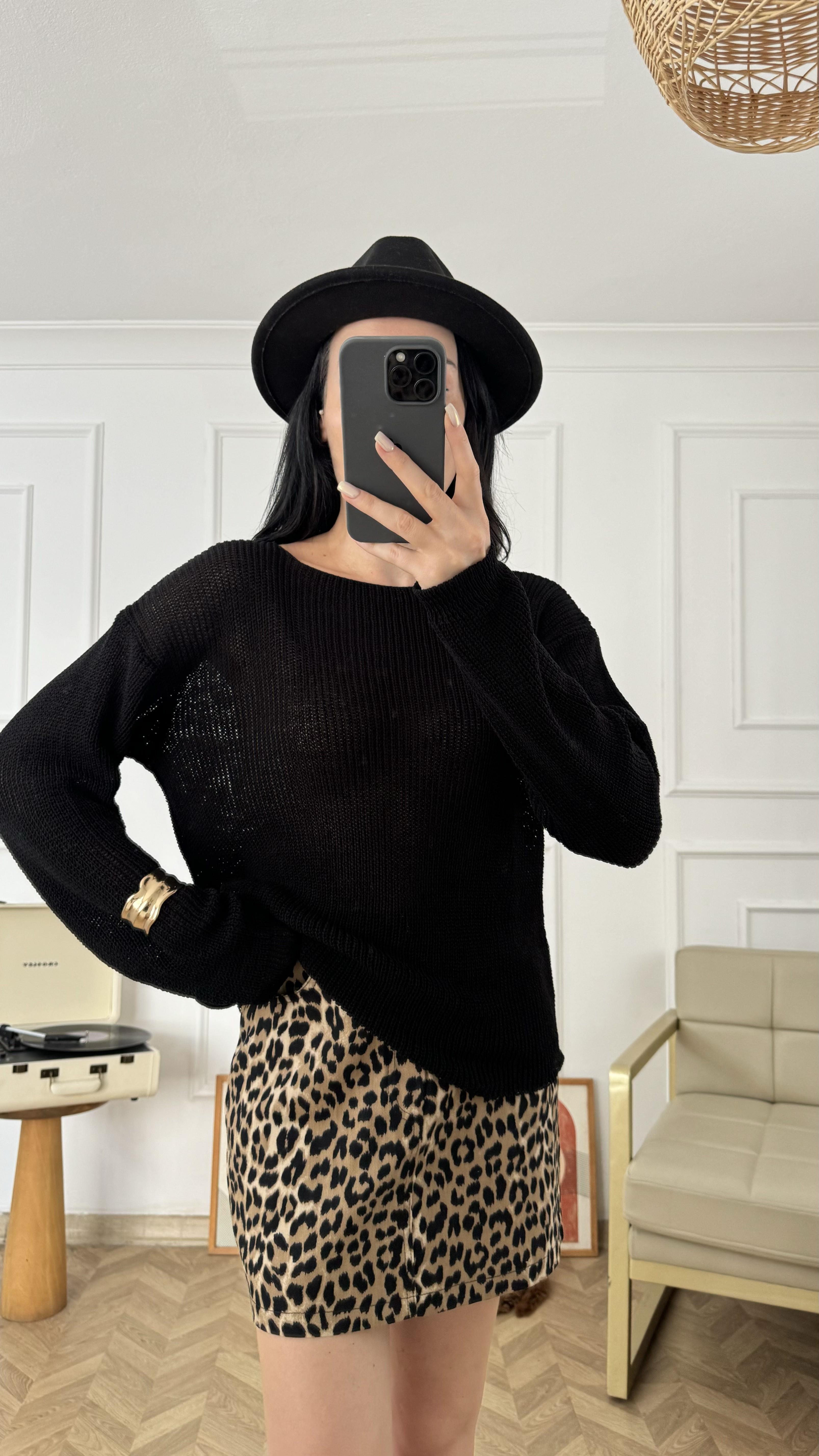 Siyah Kayık Yaka İnce Triko