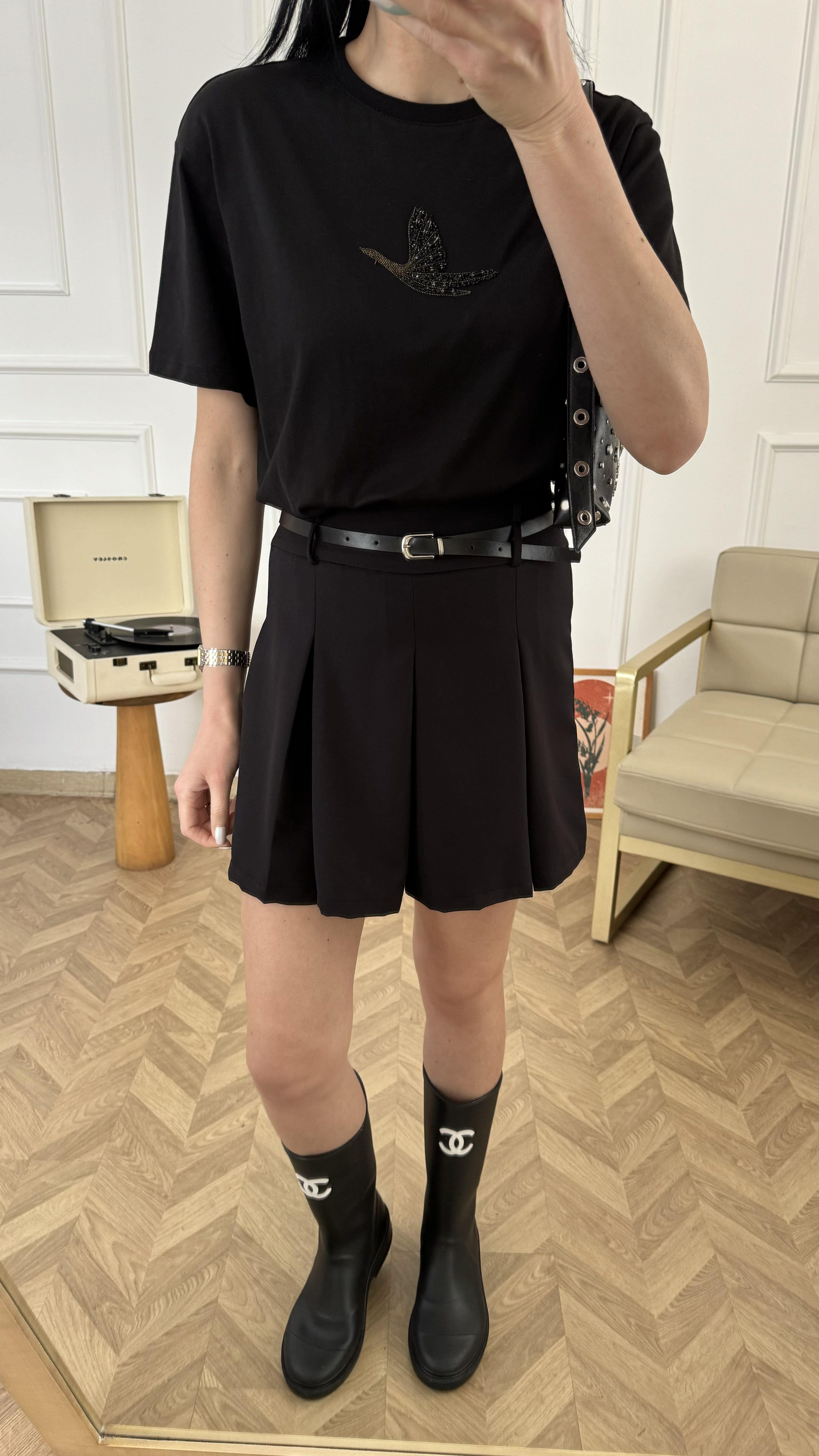Siyah Kuş Desen Taş Detaylı Tshirt