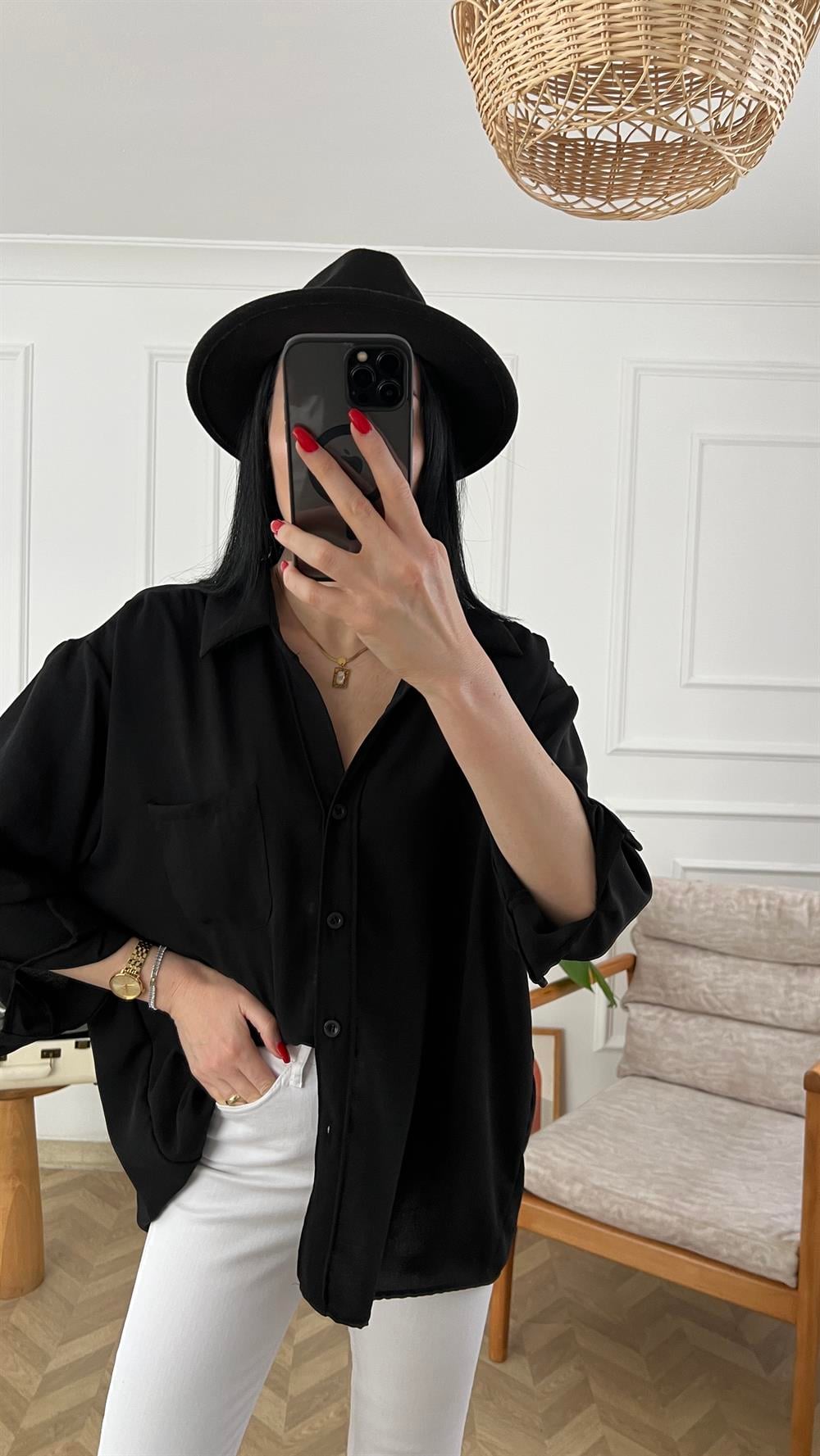 Siyah Tensel Kumaş Oversize Gömlek