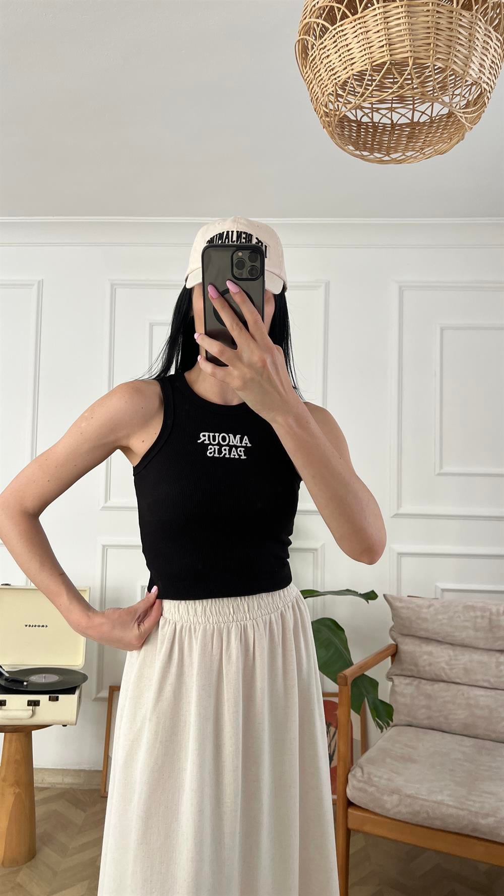 Siyah Yazılı Halter Yaka Fitilli Triko