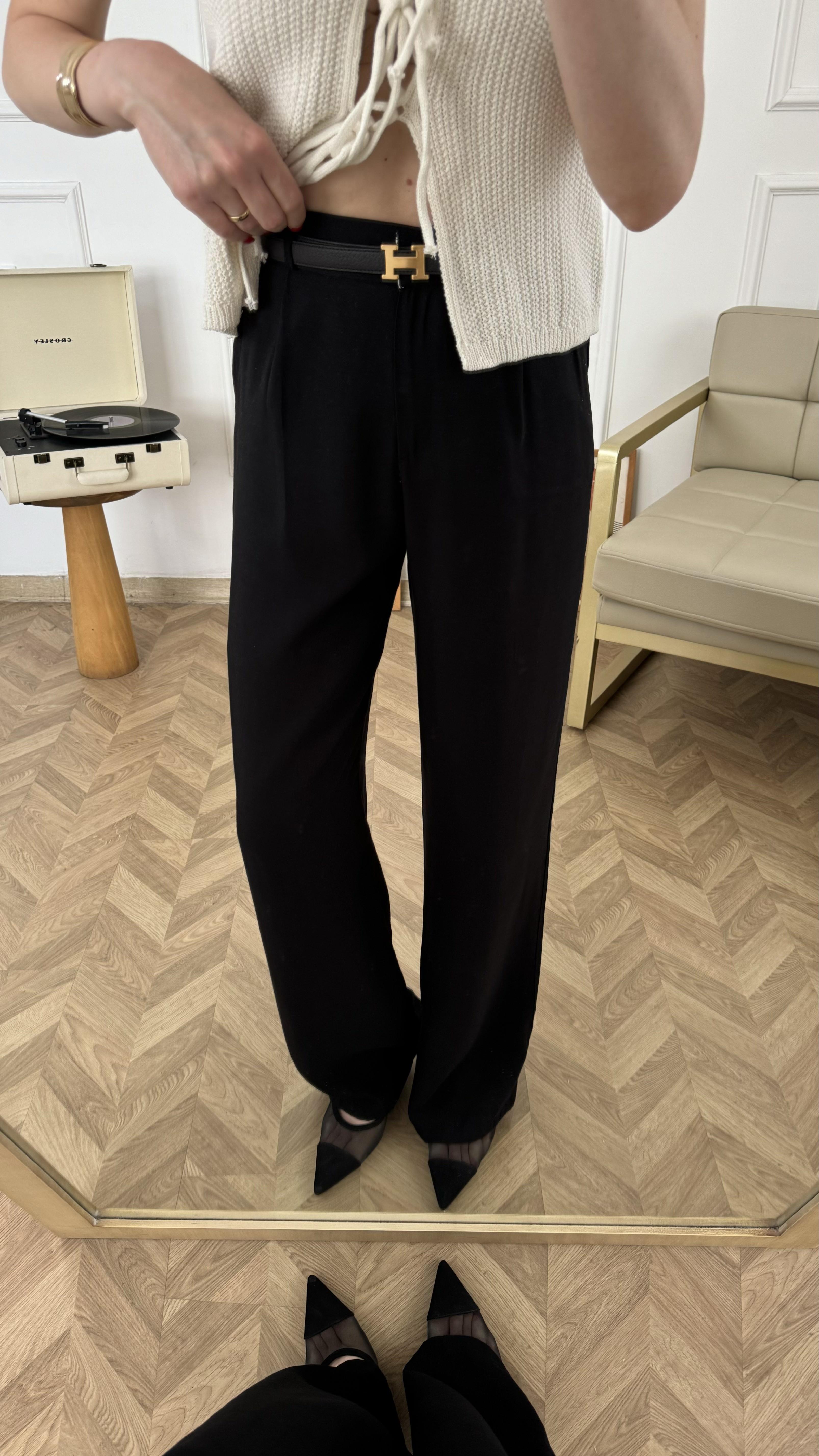 Siyah Yüksek Bel Keten Pantalon 