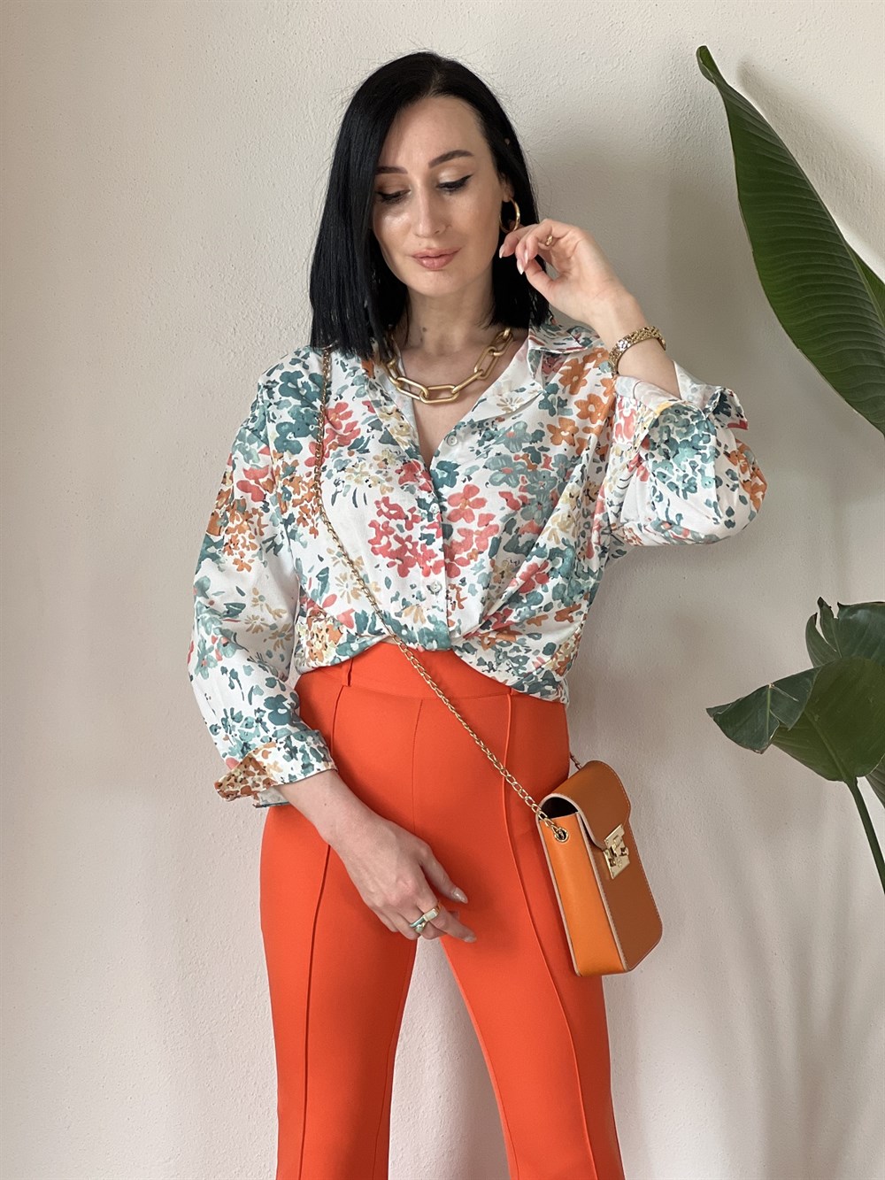 Su Yeşili Pembe Çiçekli Oversize Gömlek