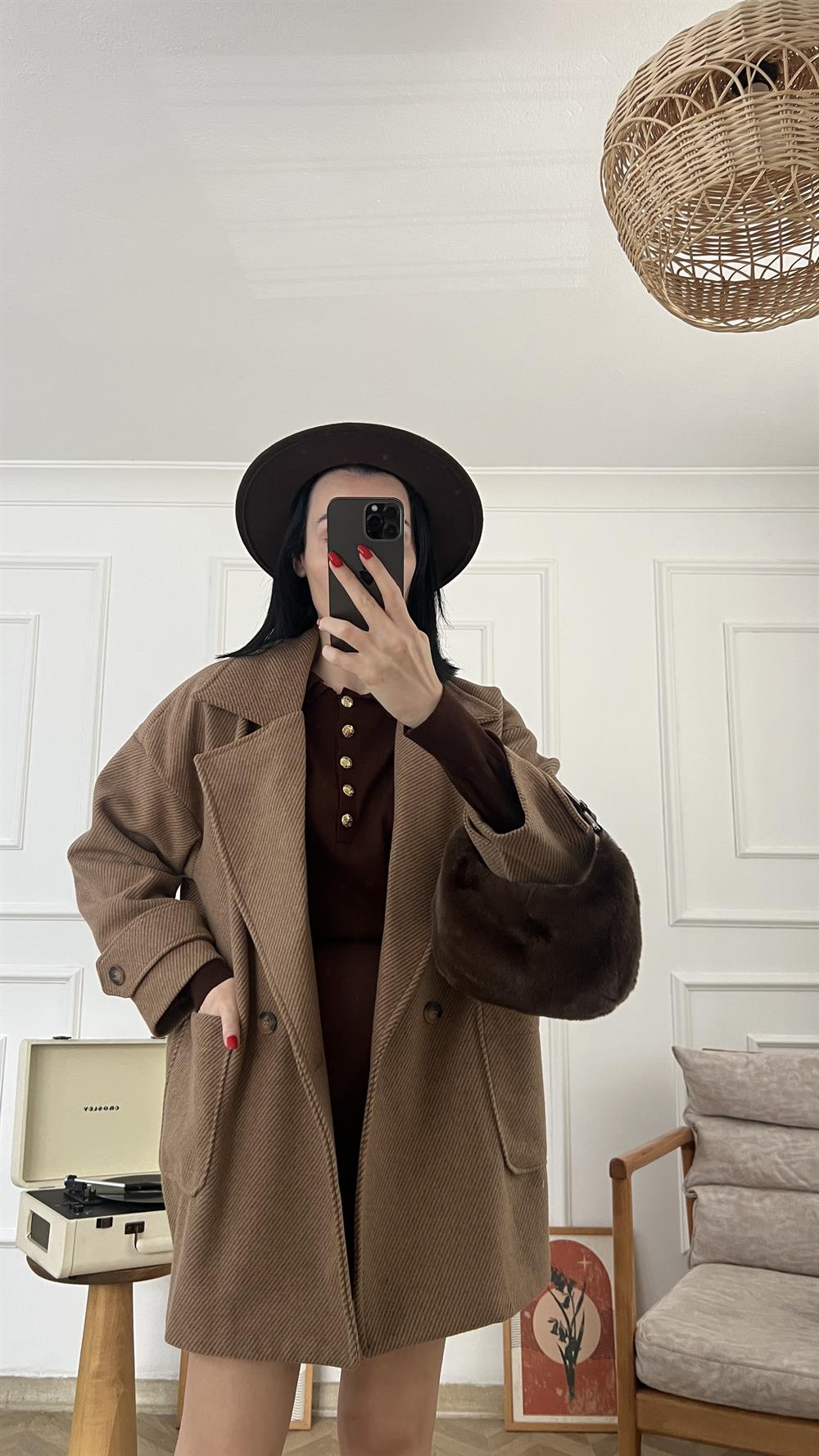 Sütlü Kahve Balık Sırtı Oversize Kaban