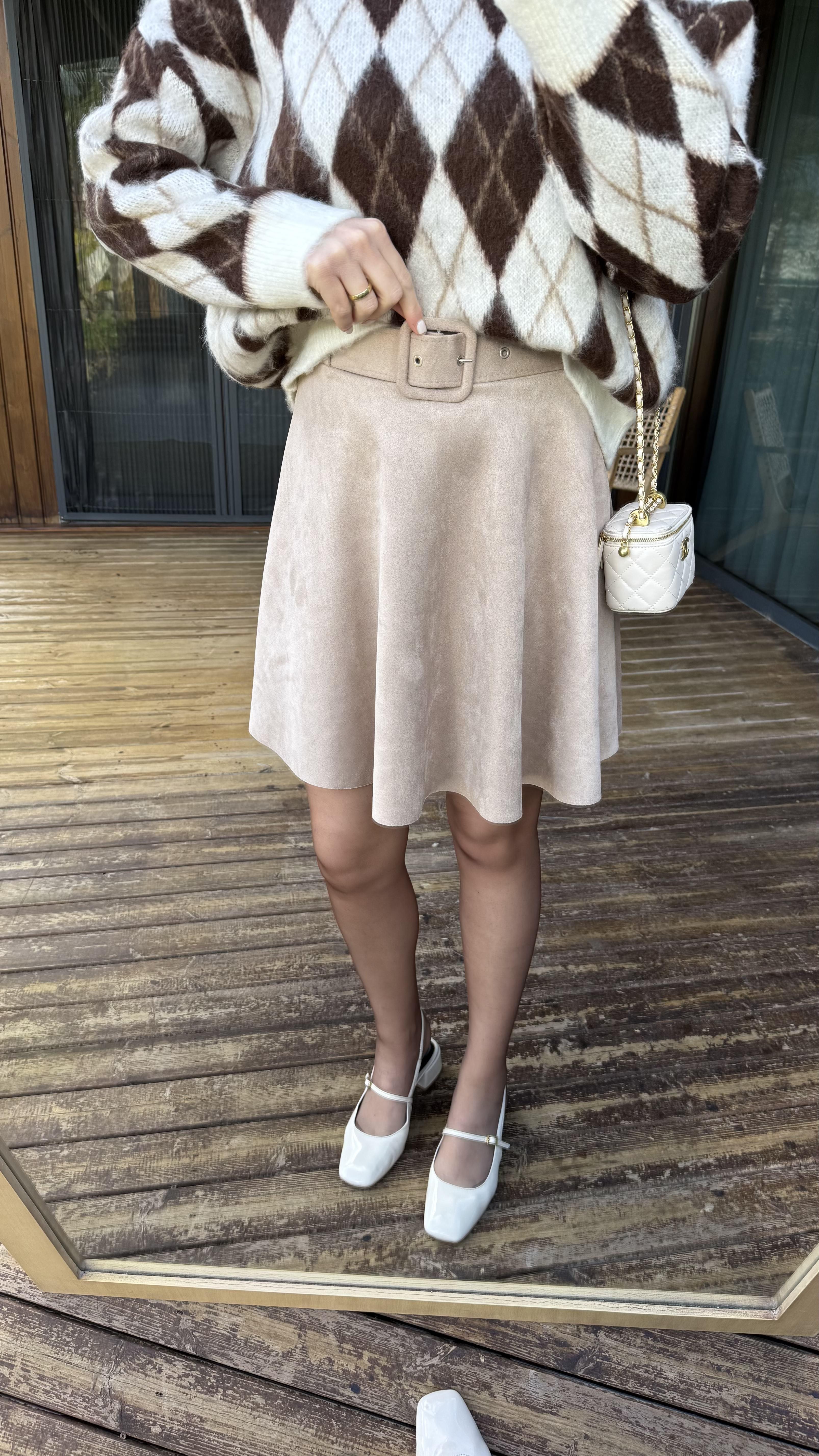 Taş Kemerli Süet Çan Etek