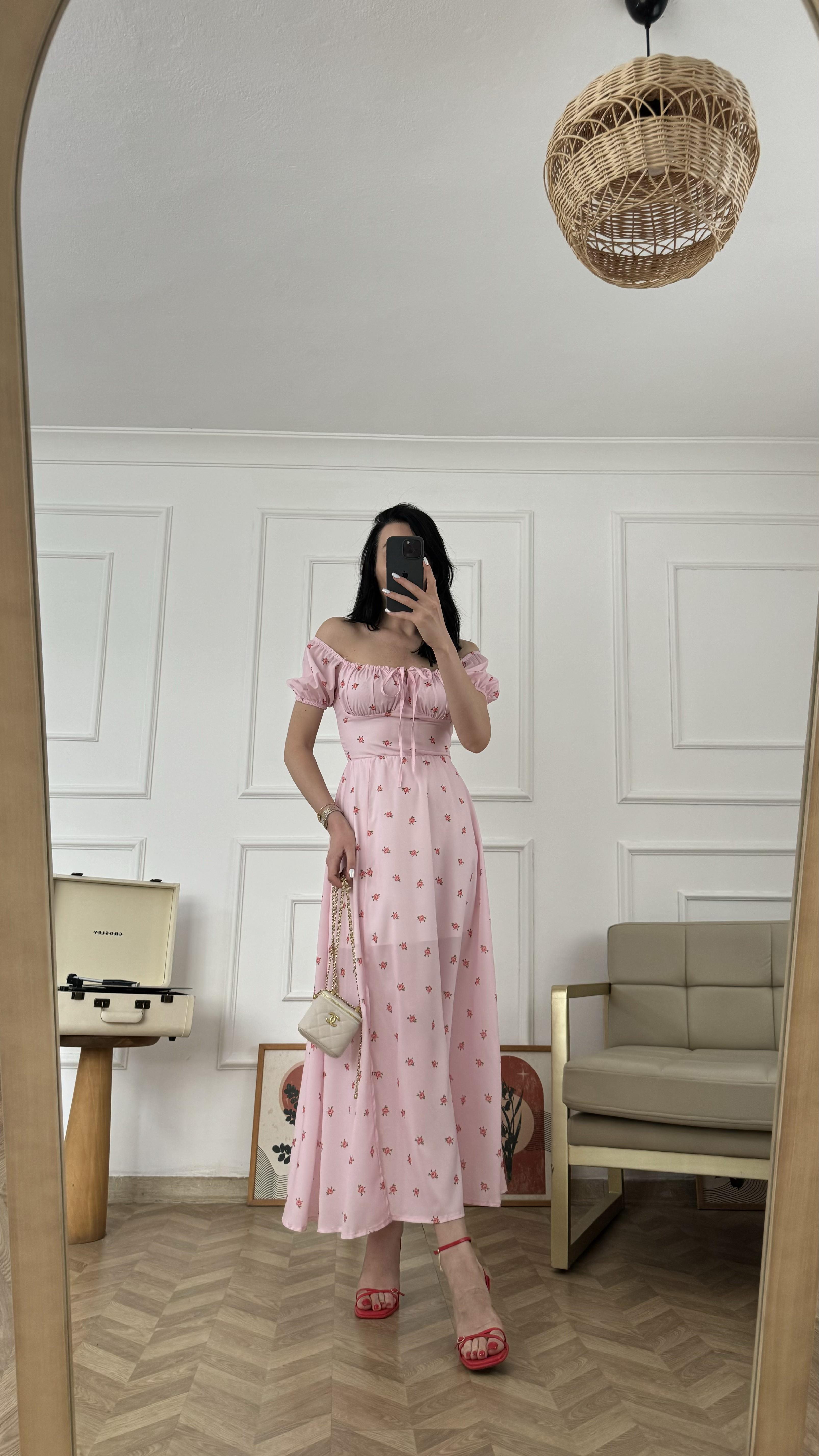 Toz Pembe Minik Çiçek Desenli Elbise