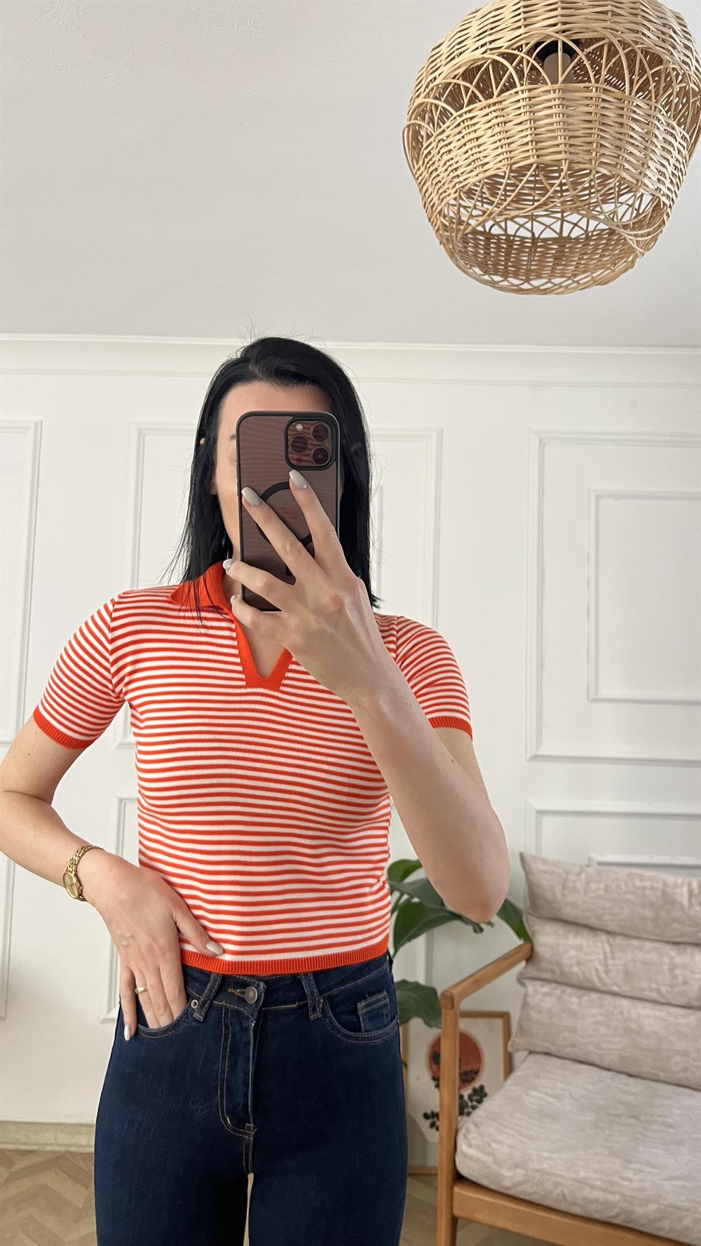 Turuncu Çizgili Polo Yaka Çelik Triko