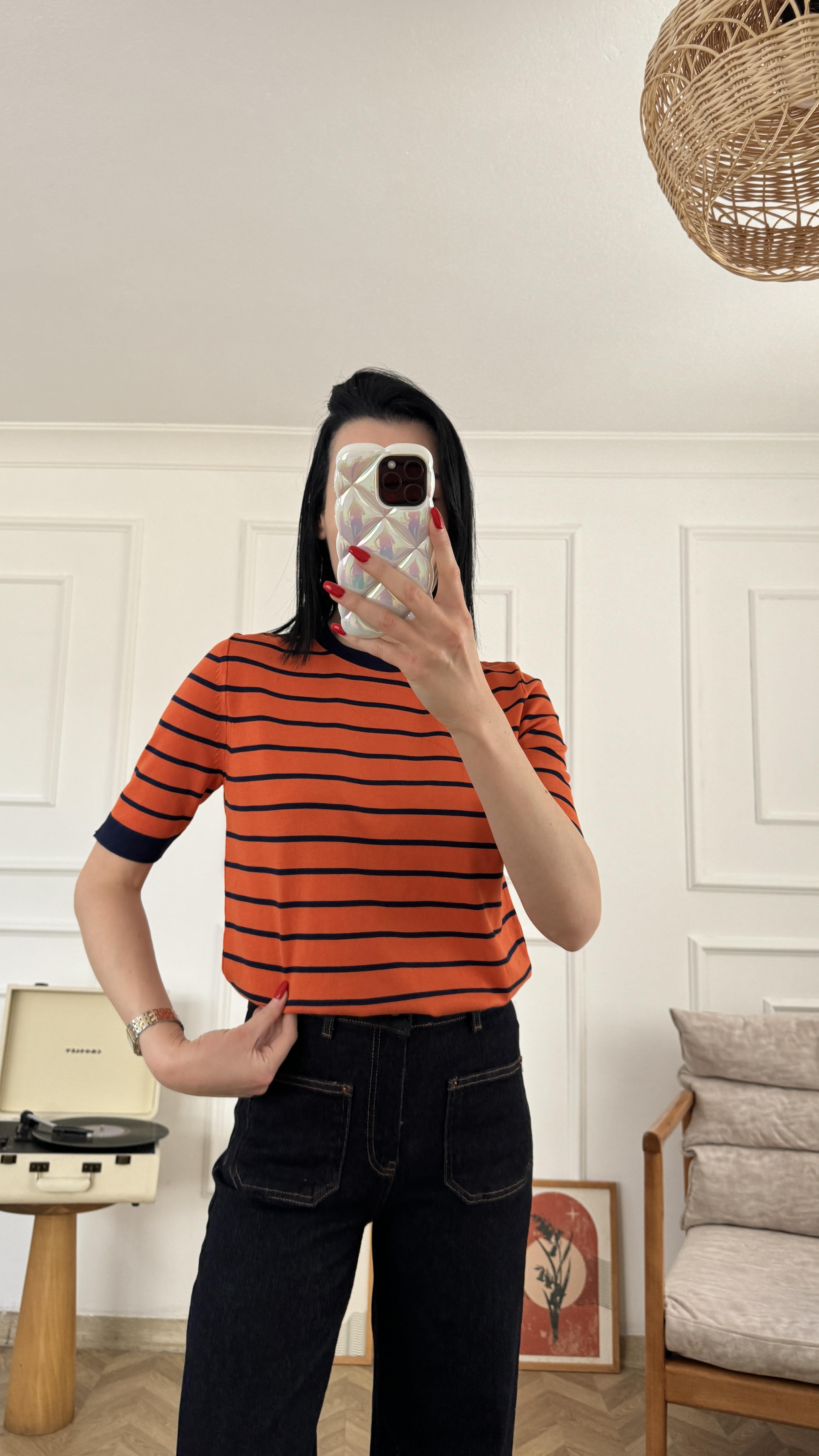 Turuncu Lacivert Çizgili Likralı Triko Tshirt
