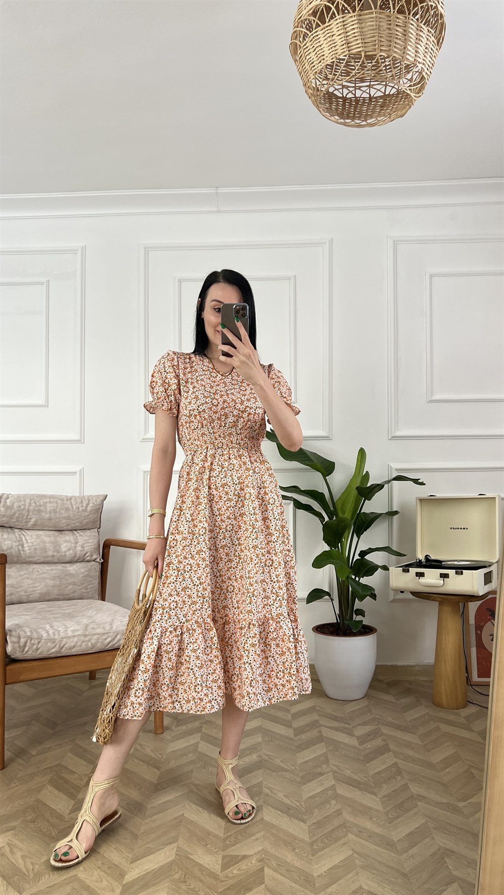 Turuncu Minik Çıtır Desen Poplin Elbise