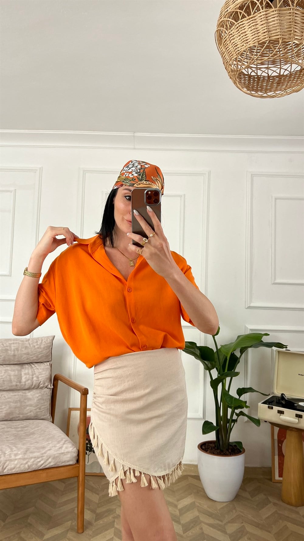 Turuncu Oversize Keten Gömlek 