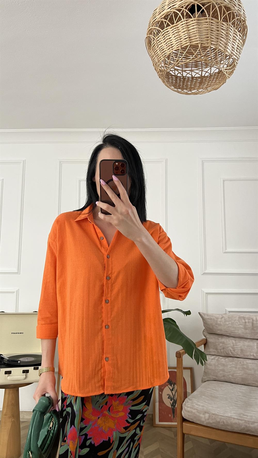 Turuncu Oversize Keten Gömlek
