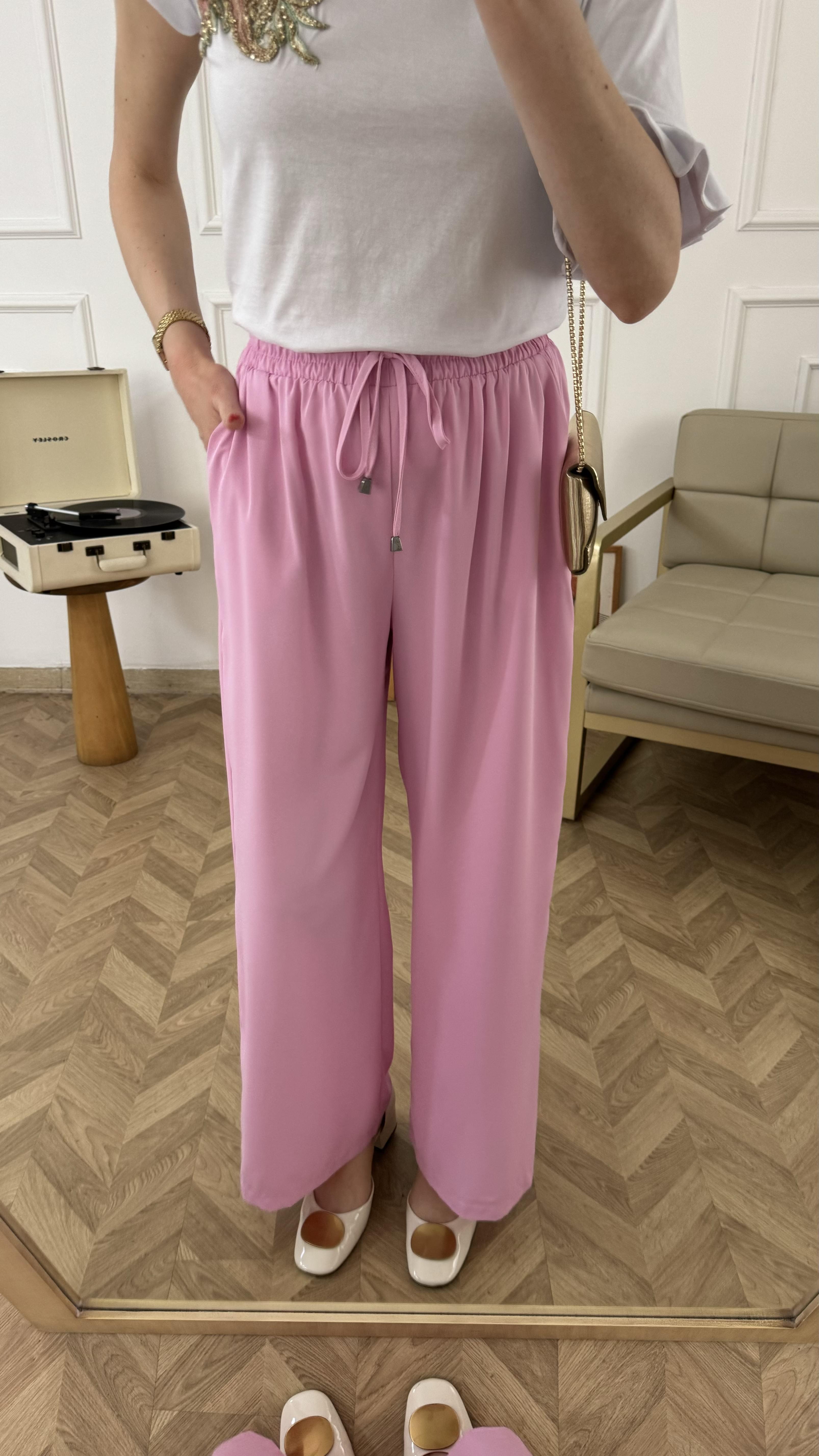 Uçuk Pembe Beli Lastikli Tiril Pantalon