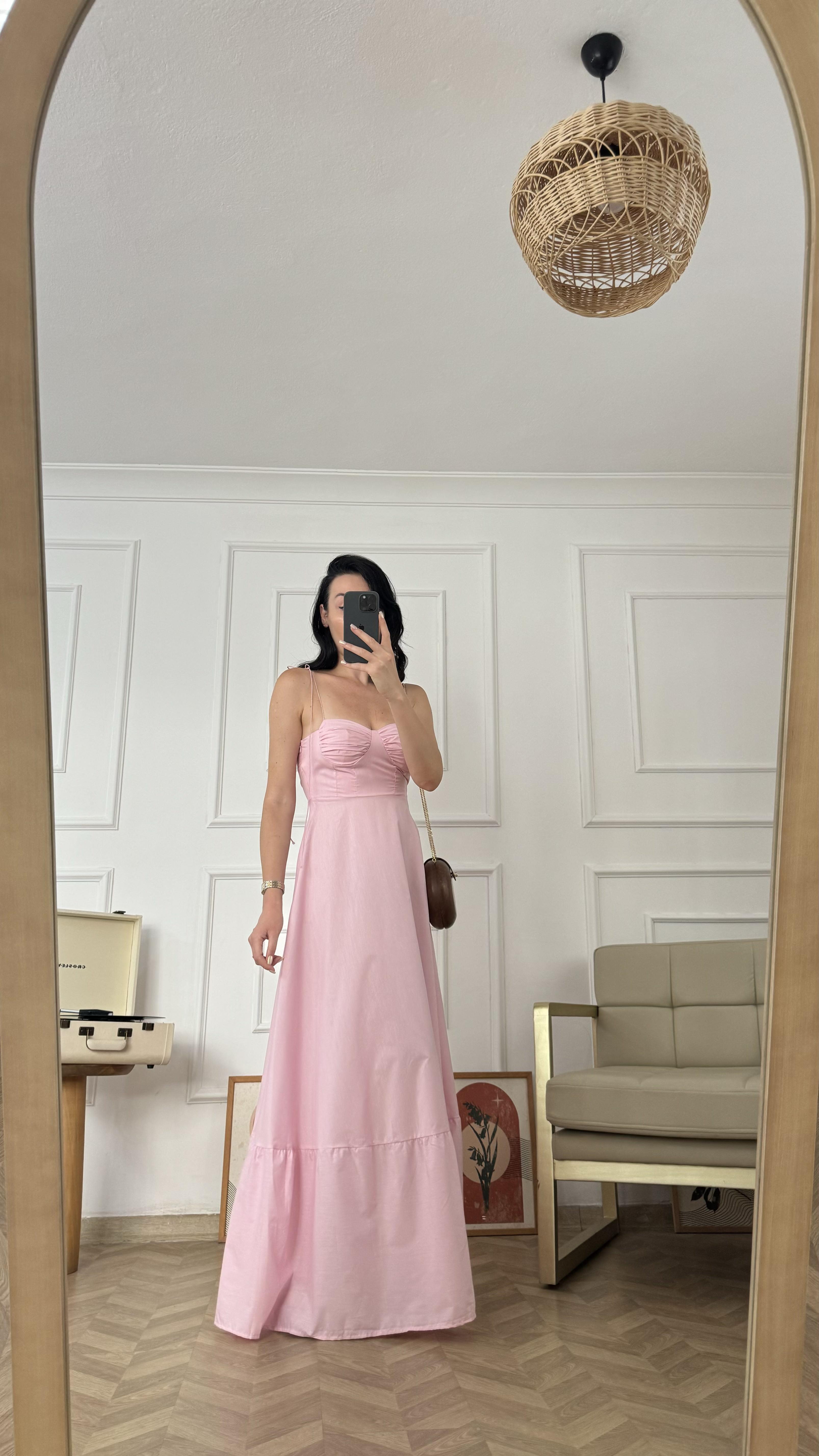 Uçuk Pembe İnce Askılı Elbise