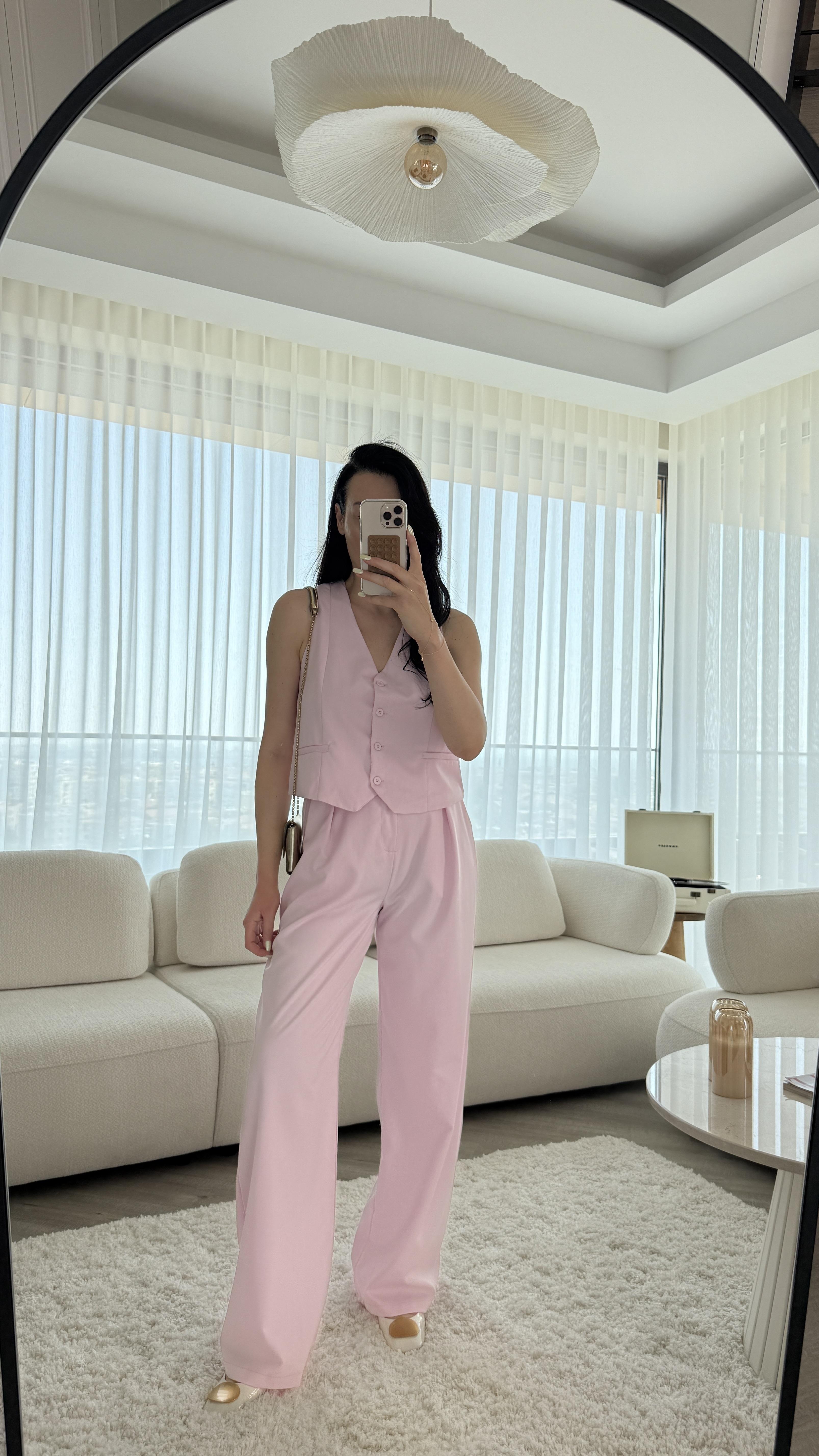 Uçuk Pembe Yelekli Palazzo Takım