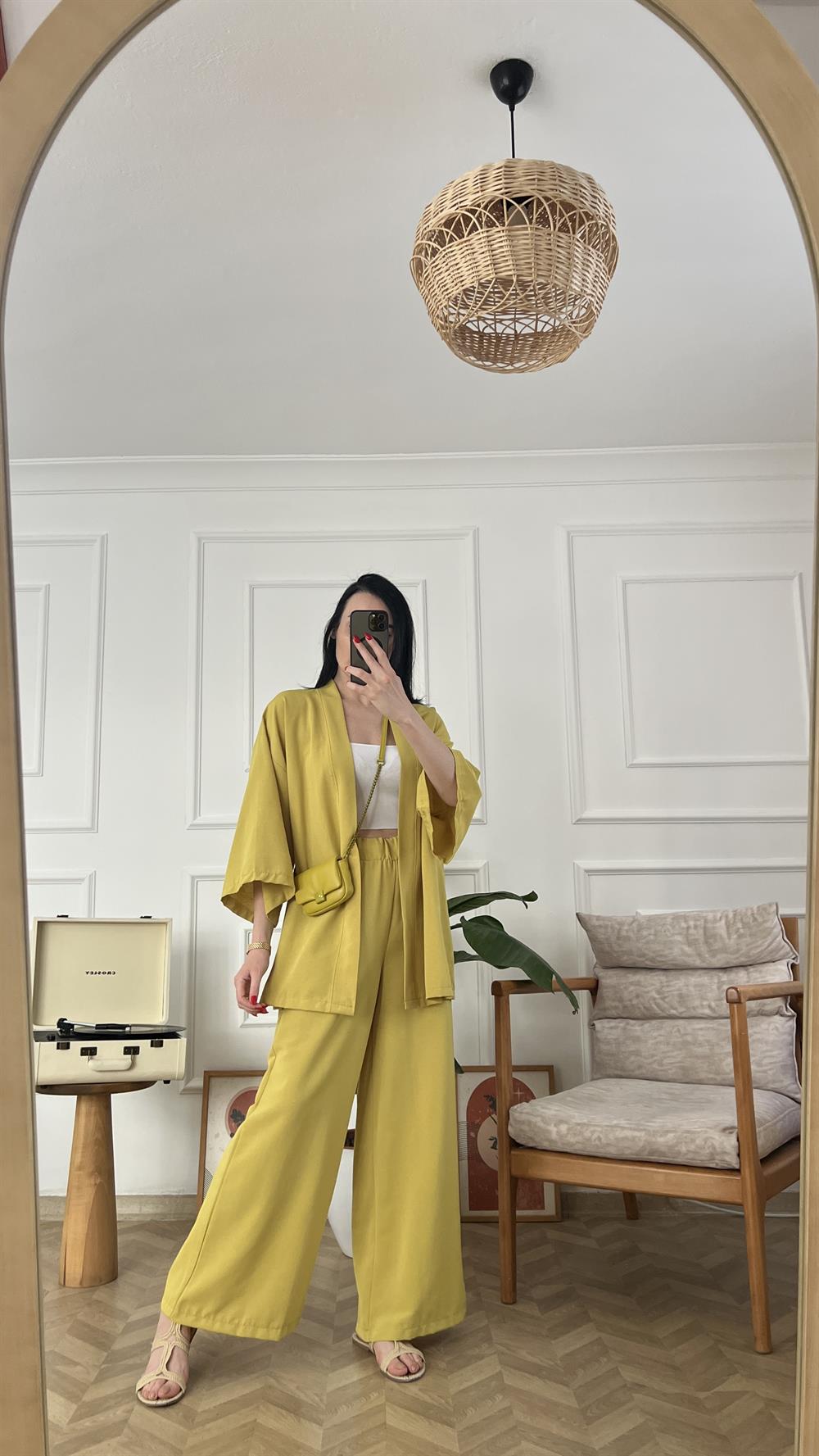 Yağ Yeşili Keten Kimono Takım