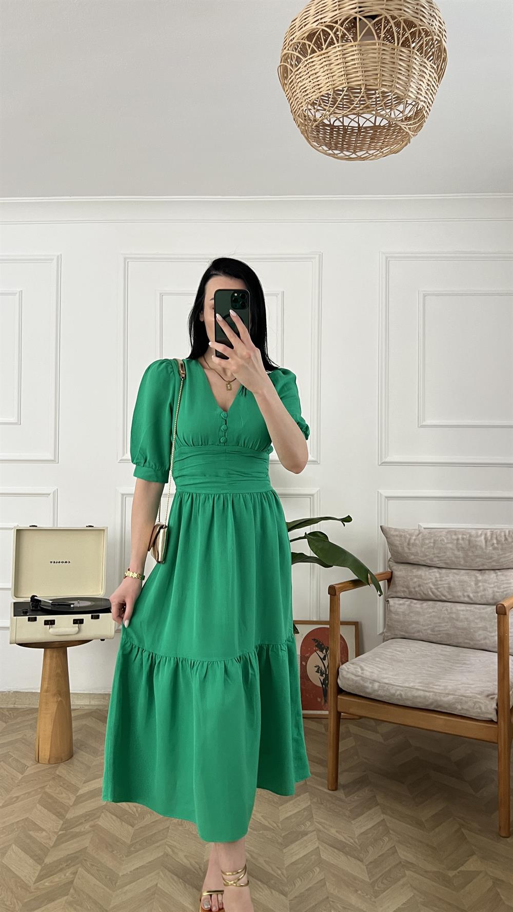 Yeşil Beli Drape Detaylı Keten Elbise