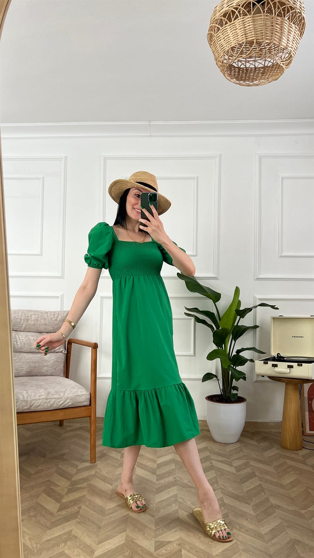 Yeşil Gipe Detaylı Poplin Elbise