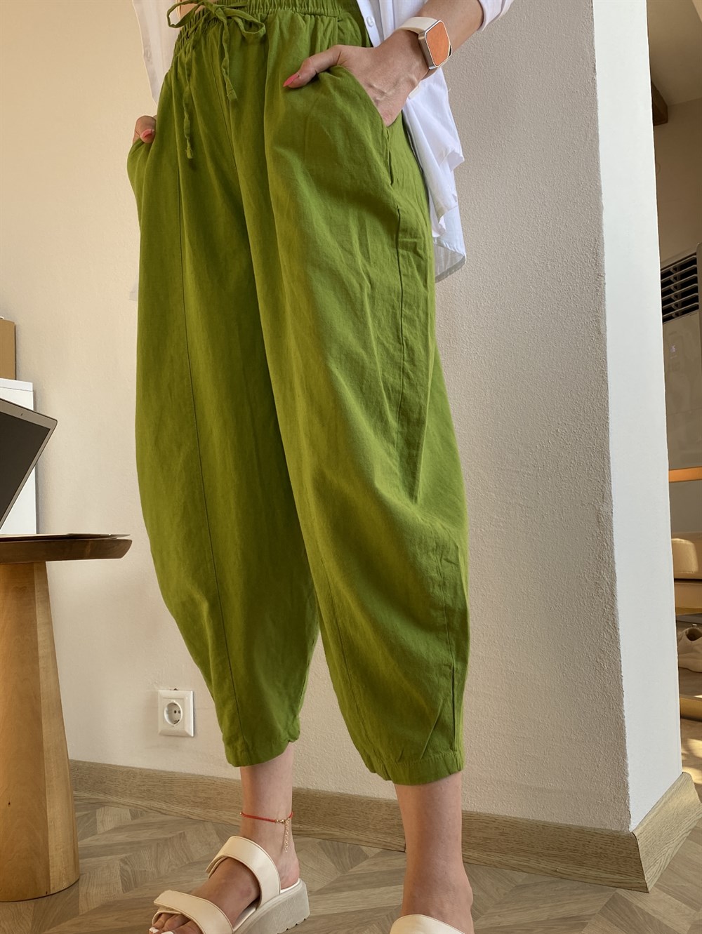 Yeşil Keten Şalvar Pantolon