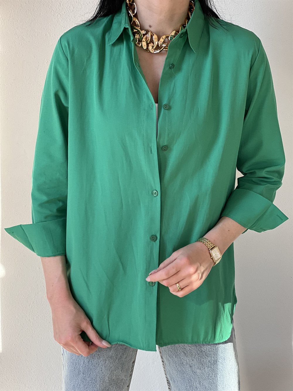 Yeşil Poplin Kumaş Gömlek