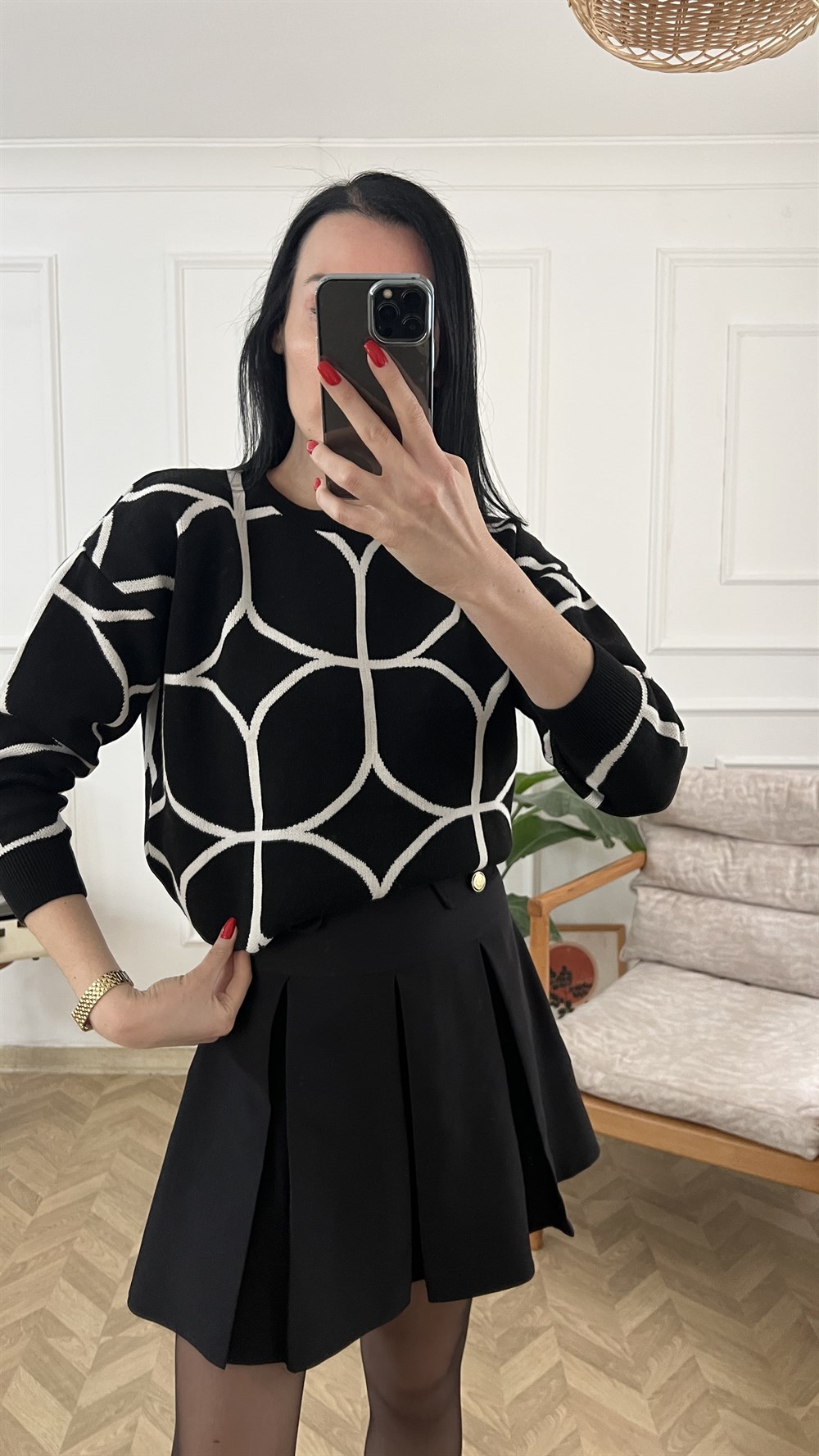 Zincir Desen Siyah Beyaz Triko