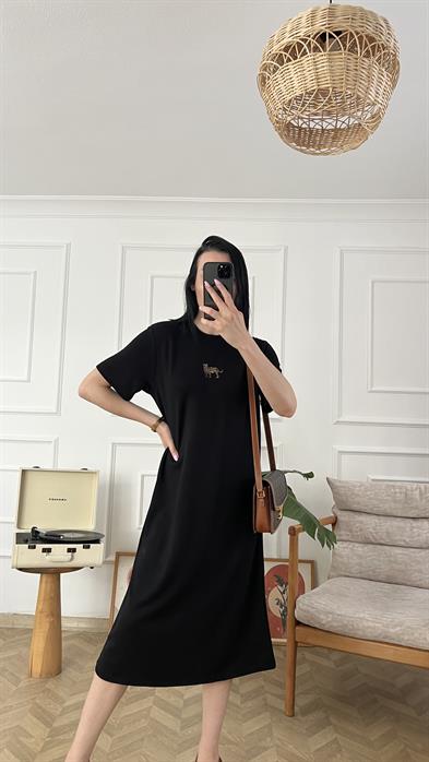 Siyah Kaplan Desen Tok Penye Elbise