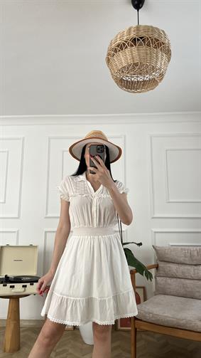 Beyaz İşleme Detaylı Beli Gipeli Elbise