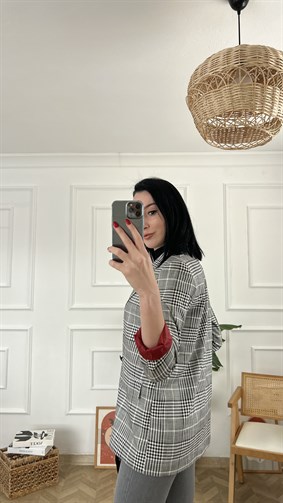 Gri Ekoseli Blazer Ceket