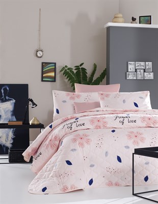 %100 Doğal Pamuk Yatak Örtüsü Seti Tek Kişilik Kapitoneli Baskılı FlowerOfLove PudraTek KişilikKirlenthome