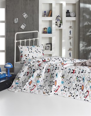 %100 Doğal Pamuk Yatak Örtüsü Seti Tek Kişilik Kapitoneli Baskılı Love Pandas BeyazTek KişilikKirlenthome