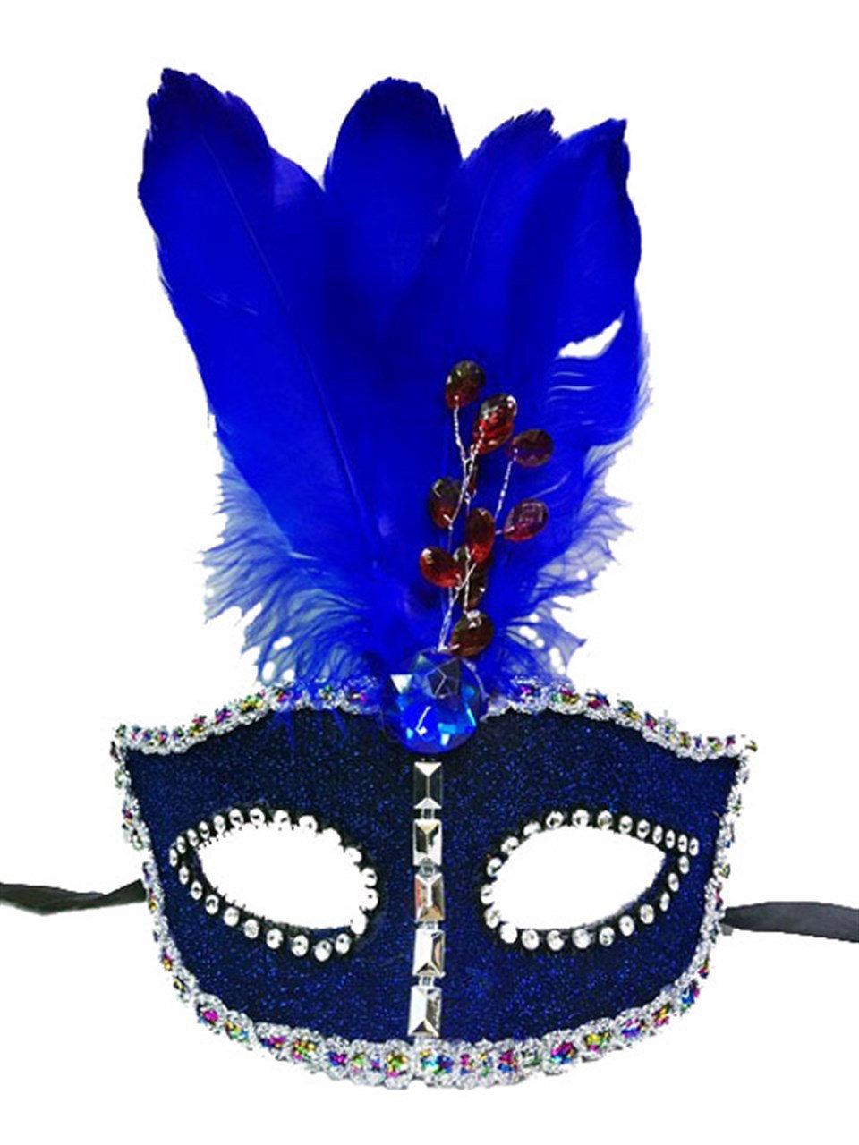 Ortası Tüylü Kırmızı Taşlı Mavi Maske