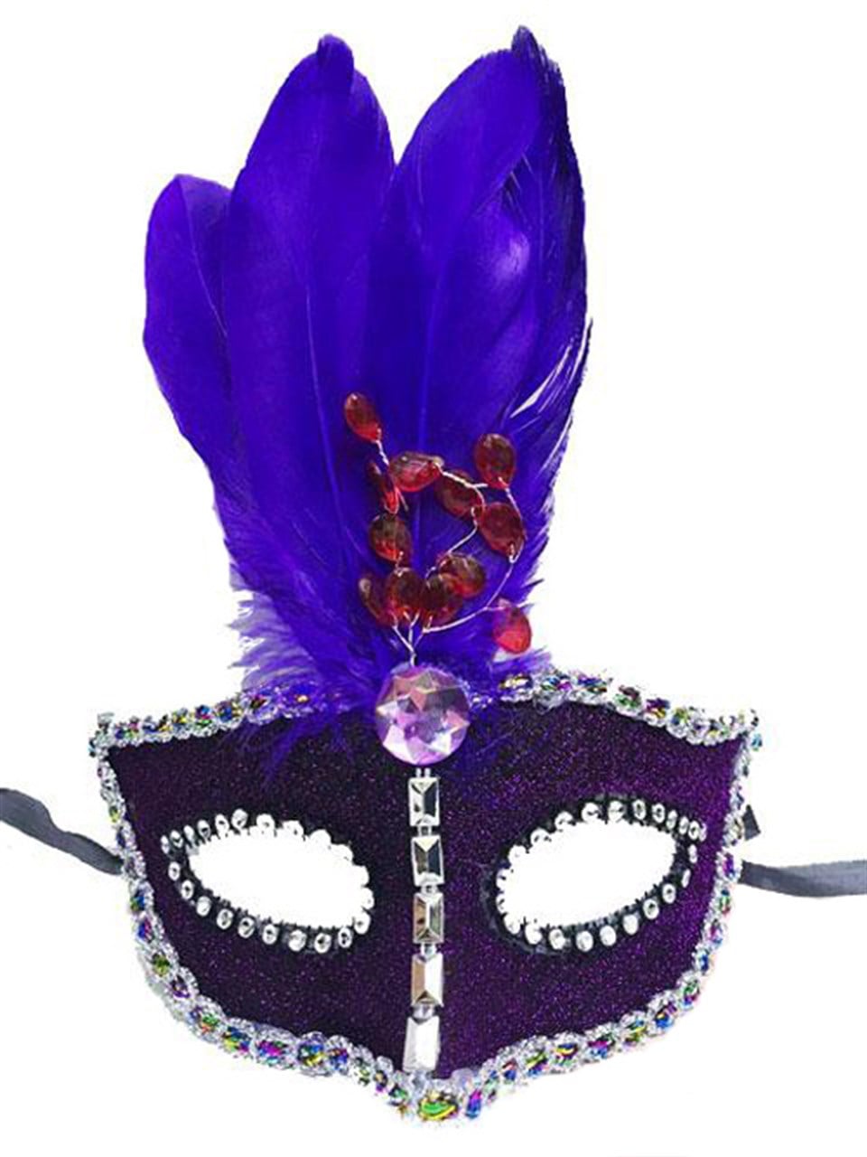 Ortası Tüylü Kırmızı Taşlı Mor Maske
