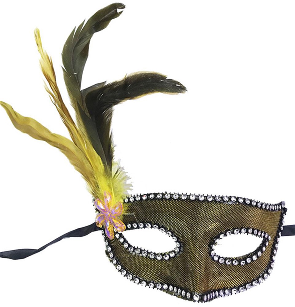 Tüylü Taşlı Gold Maske