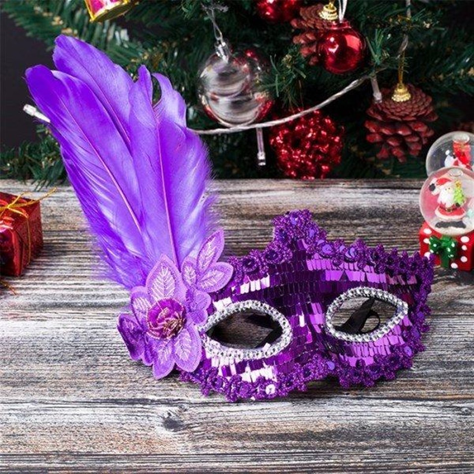 Venedik Tüylü Maske, Payetli/Taşlı Mor
